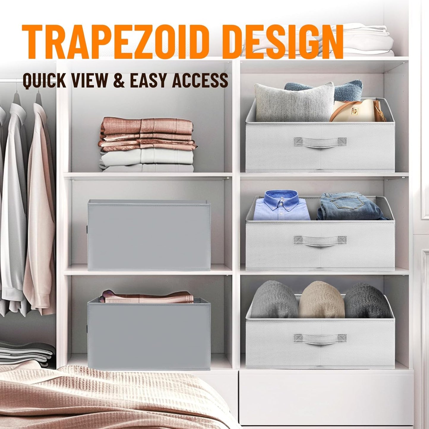 Criusia Closet Organizers Bins 8 Pack - Large Closet Shelf Organizer with Handles - Fabric Trapezoid Home Organization and Storage Baskets for Organizing Clothes Toy Blanket Towel Purse Hats