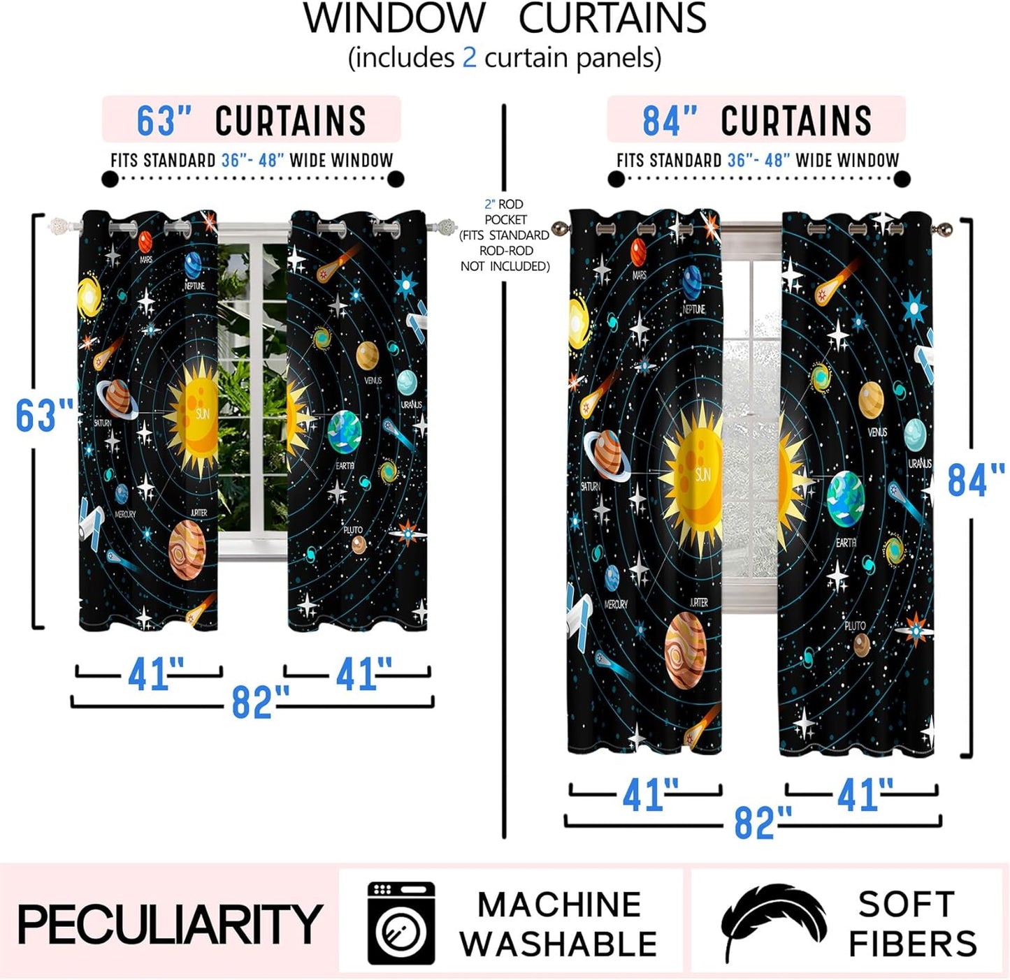 Outer Space Curtains for Boys - 2Pcs Solar System Print Curtain Panels for Boys Bedroom Planets Galaxy 95% Blackout Grommet Top Window Drapes for Living Room, 82" x 84"
