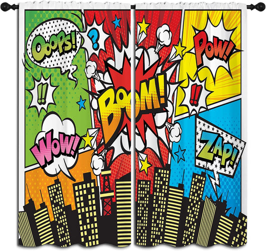 Superhero City Wars Explosion Rod Pocket Blackout Curtains for Boy Girl Bedroom, Colorful Comics Ar Thermal Insulated Home Window Drapes for Living Room Darkening, 72x63 inch