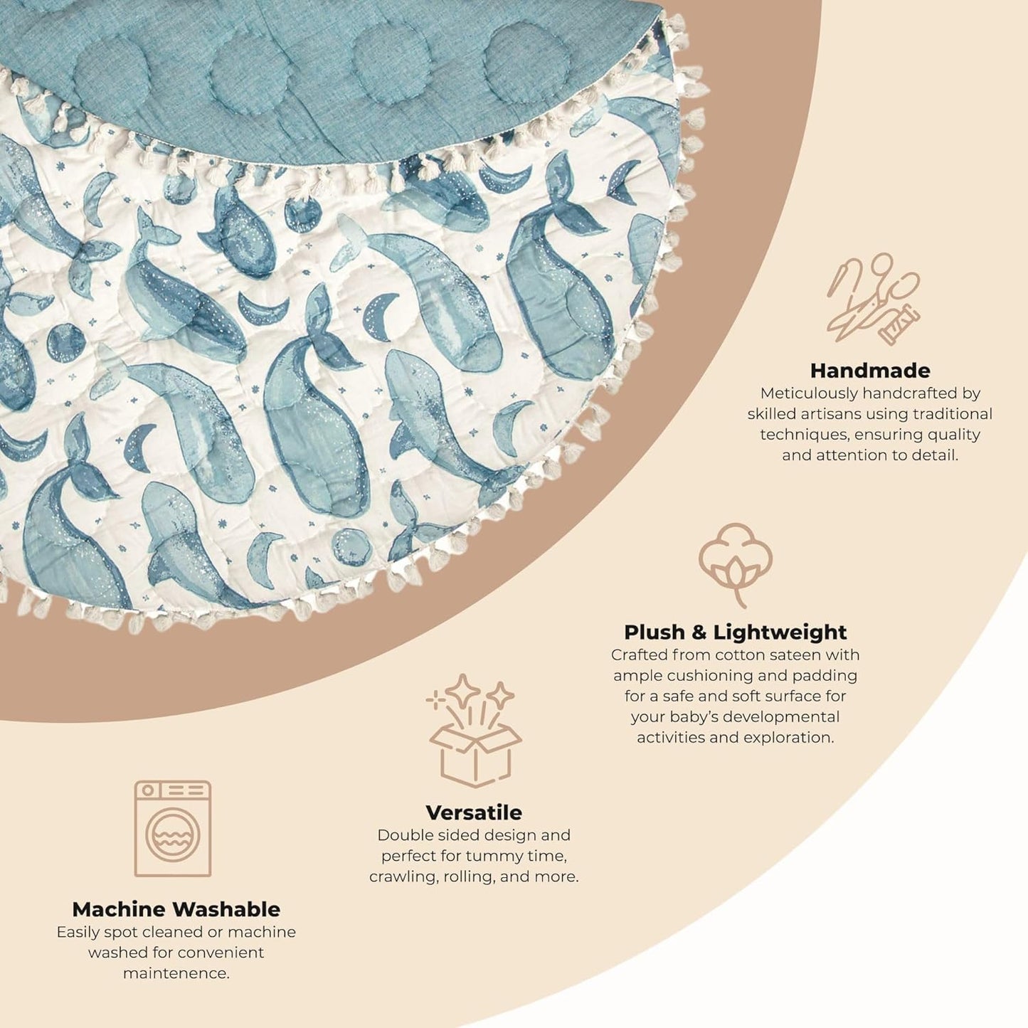 Crane Baby Activity Mat, Baby Play Mat Whale Print, Ocean Nursery Decor for Boys & Girls, Infant Tummy Time Floor, Ocean Nursery Decor, 40" x 40"