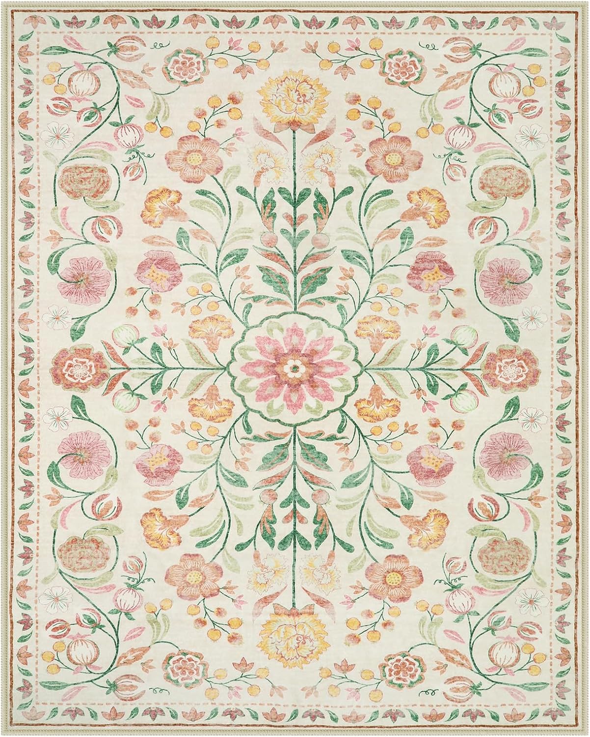 Anidaroel Boho Beige Rugs for Living Room 8x10, Machine Washable Soft Large Bedroom Rug, Non Slip Vintage Floral Area Rug, Low Pile Dining Room Mat Accent Floor Carpet for Farmhouse