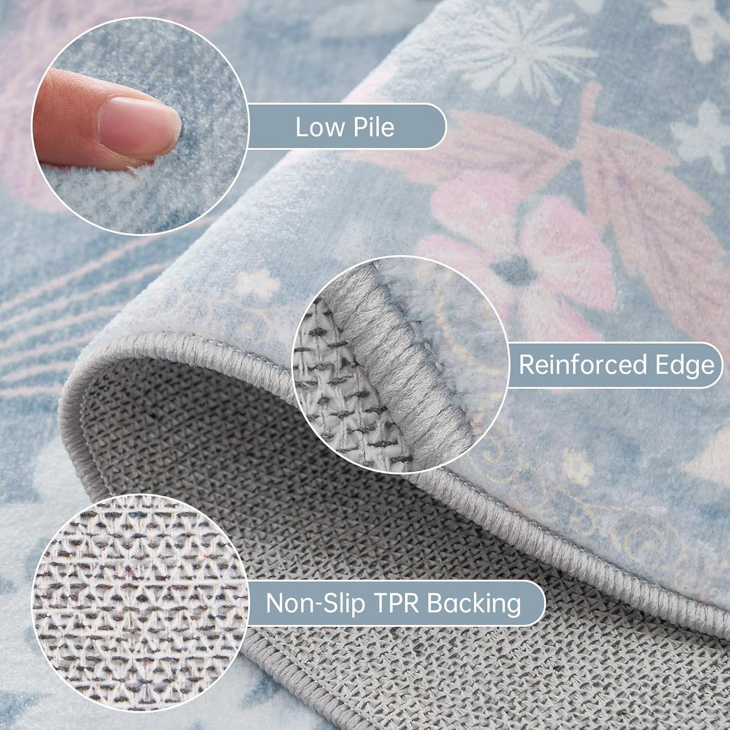 Blue 5x7 Area Rugs for Living Room Washable Soft Faux Fur Elegant Vintage Rugs Boho Floral Non Slip Stain Resistant Sound Absorbing Low Pile Carpet Rug for Bedroom Dining Room Nursery