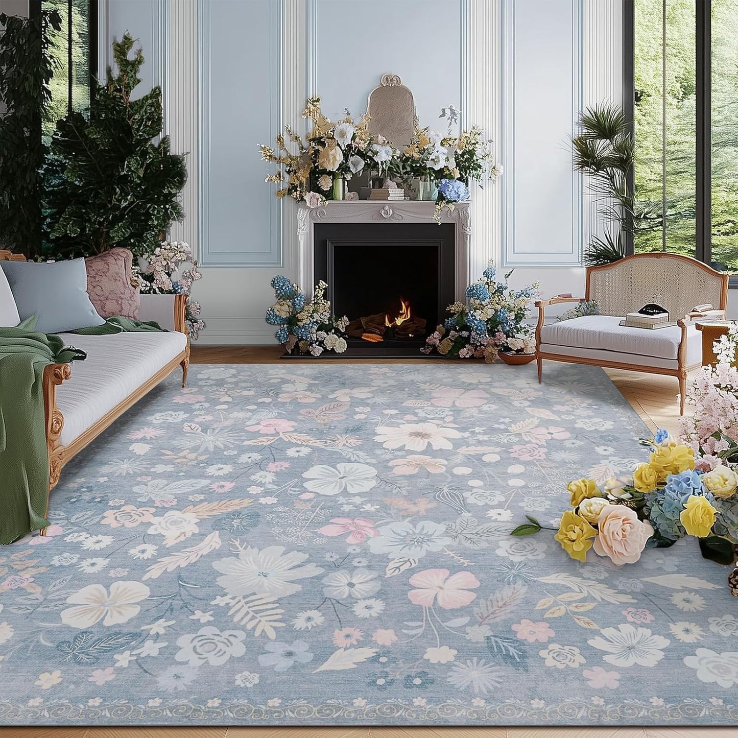 French Country 8x10 Area Rugs for Living Room Washable Blue Floral Stain Resistant Carpet Rug Soft Boho Vintage Garden Low Pile Non Slip Large Rug for Bedroom Dining Room Playroom Nursery,Daphne Blue