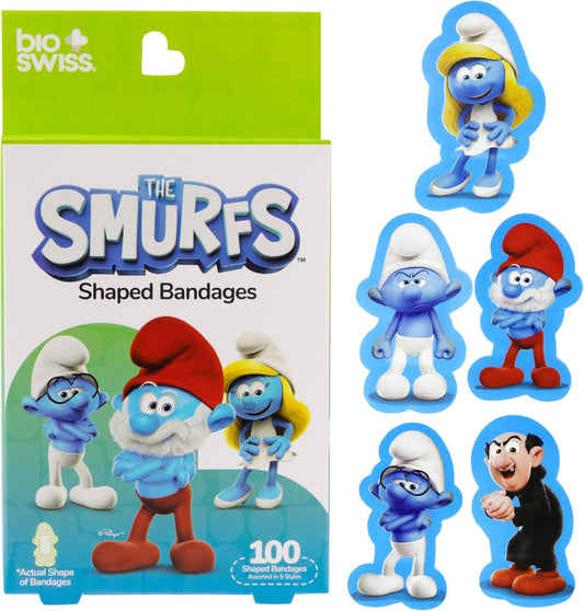 BioSwiss Bandages, The Smurfs Shaped Self Adhesive Bandage, Latex Free Sterile Wound Care, Fun First Aid Kit Supplies for Kids and Adults, 100 Count Box