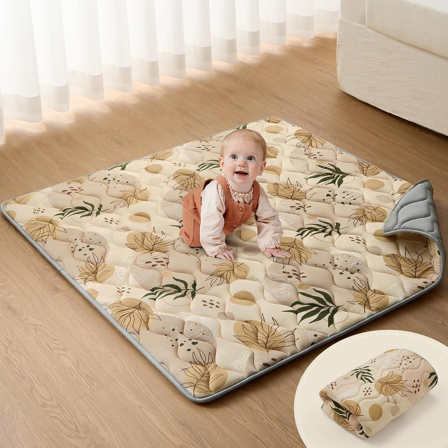 Blissful Diary Portable Baby Play Mats for Floor, Thicken Cushioned Foldable Baby Crawling Mat for Indoor Outdoor, Non-Slip & Washable Kids Playmat for Tummy Time Activity, Earth Tones 43" X 43"