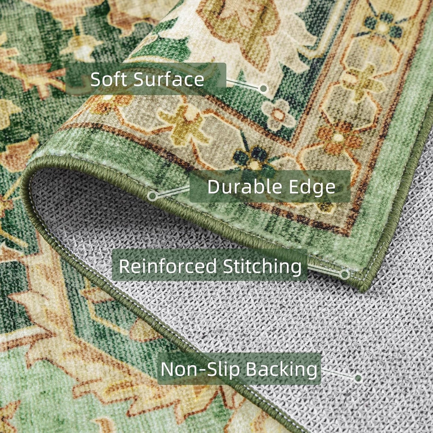 Green Runner Rugs for Hallway 2x6 Ft Non-Slip Fall Runner Rugs with Rubber Backing Washable Rug Runner for Kitchen Bedroom Vintage Distressed Carpet (Border Green)