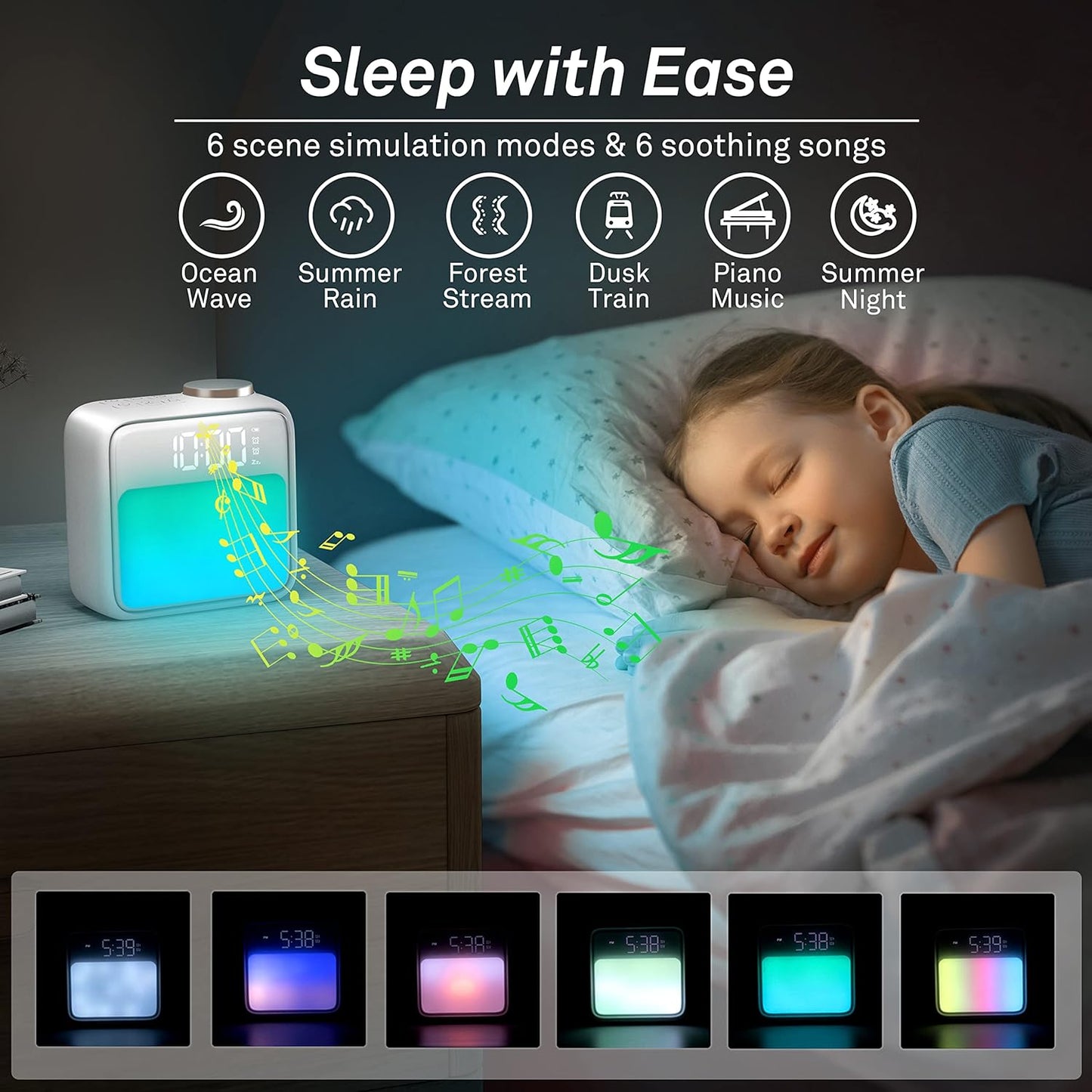 AIRIVO Alarm Clock Night Lights, Built-in Battery Alarm Clock for Bedrooms, 6 Scenes & White Noise Sync, Dual Alarms & Snooze, for Heavy Sleepers, Gifts for Kids Teens