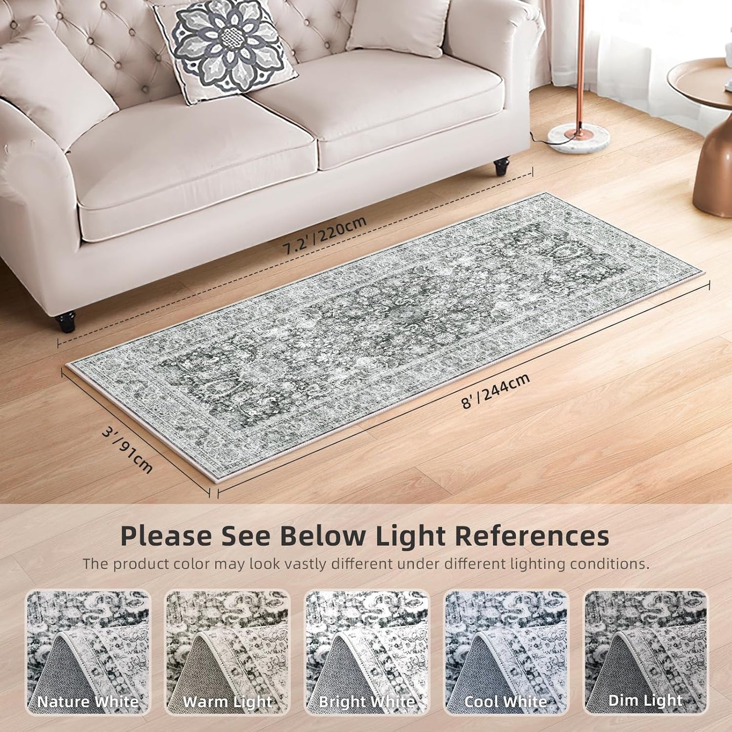 Washable Non-Slip Cream Rug - 3x8 Kitchen Runner with Non-Shedding, Boho Distressed Carpet for Hallways & Bedroom Vintage Grey