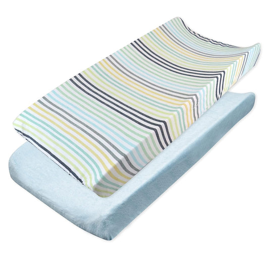 HonestBaby 2-Piece Organic Cotton Printed & Terry Changing Pad Cover Set, Rainbow Stripe Blues, One Size (D2BDR)