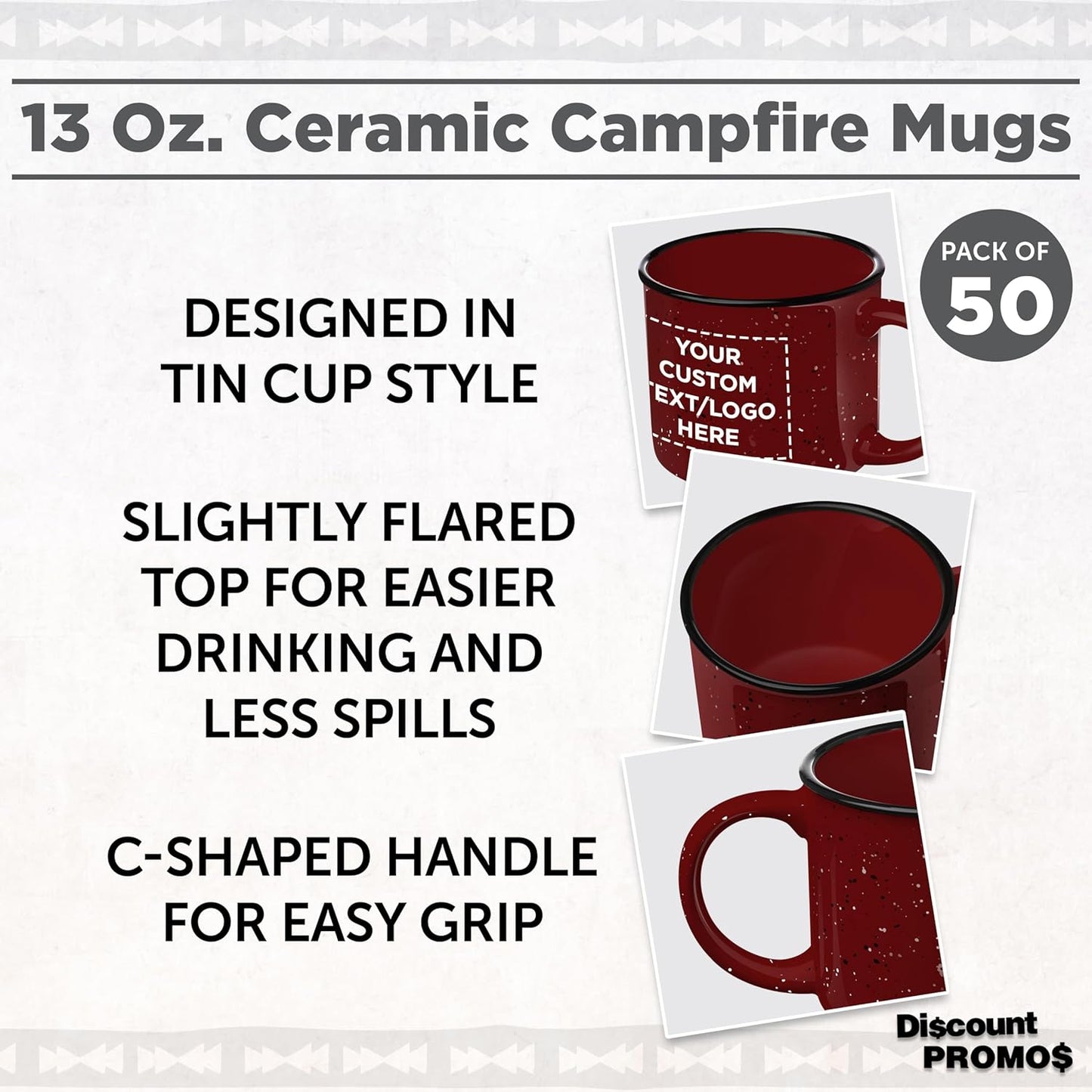 DISCOUNT PROMOS Custom Ceramic Campfire Coffee Mugs 13 oz. Set of 50, Personalized Bulk Pack - Perfect for Tea, Espresso, Cappuccino, Hot Cocoa - Maroon