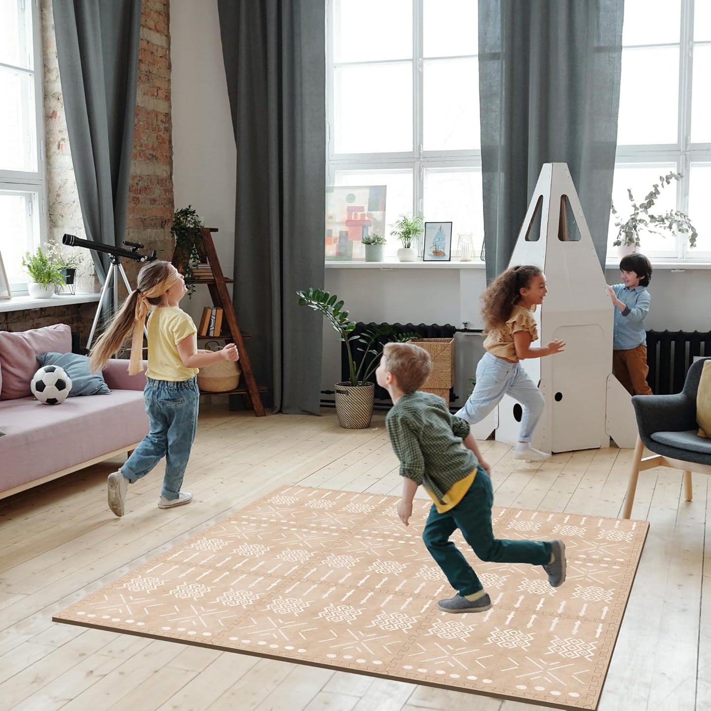 MOON WALKERS Stylish Boho Baby Play Mats for Floor, (6x6ft) Play Mat for Babies and Toddlers, Non-Toxic, Soft, Thick, Tummy Time Mat for Crawling (Extra Large 9 Tiles, Beige Aztec)