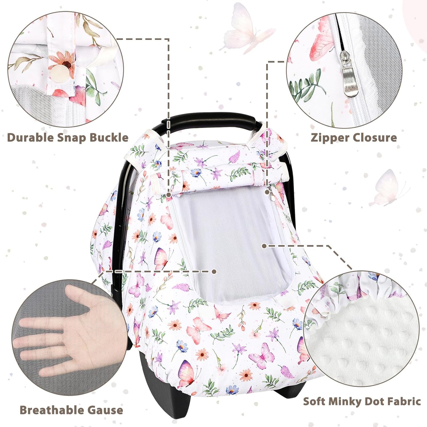 Pea Pod Car Seat Cover Baby, Infant Car Seat Canopy Covers with 2 Layers Windows of Breathable Mesh Fabric, Lightweight Polyester, Soft Minky Dot Backing (Butterfly Pattern)