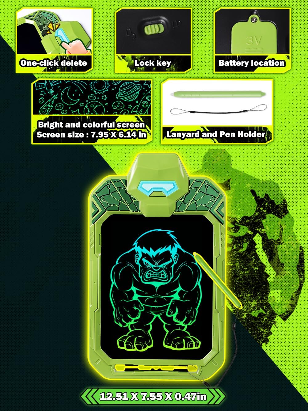 LCD Writing Tablet for Kids 10 Inch Green Giant Power Hero for Toddler 3 4 5 6 - Paint, Doodle Board, Drawing Pad - Travel Toys, Road Trip Car Activities, Birthday Christmas Gift Boys & Man