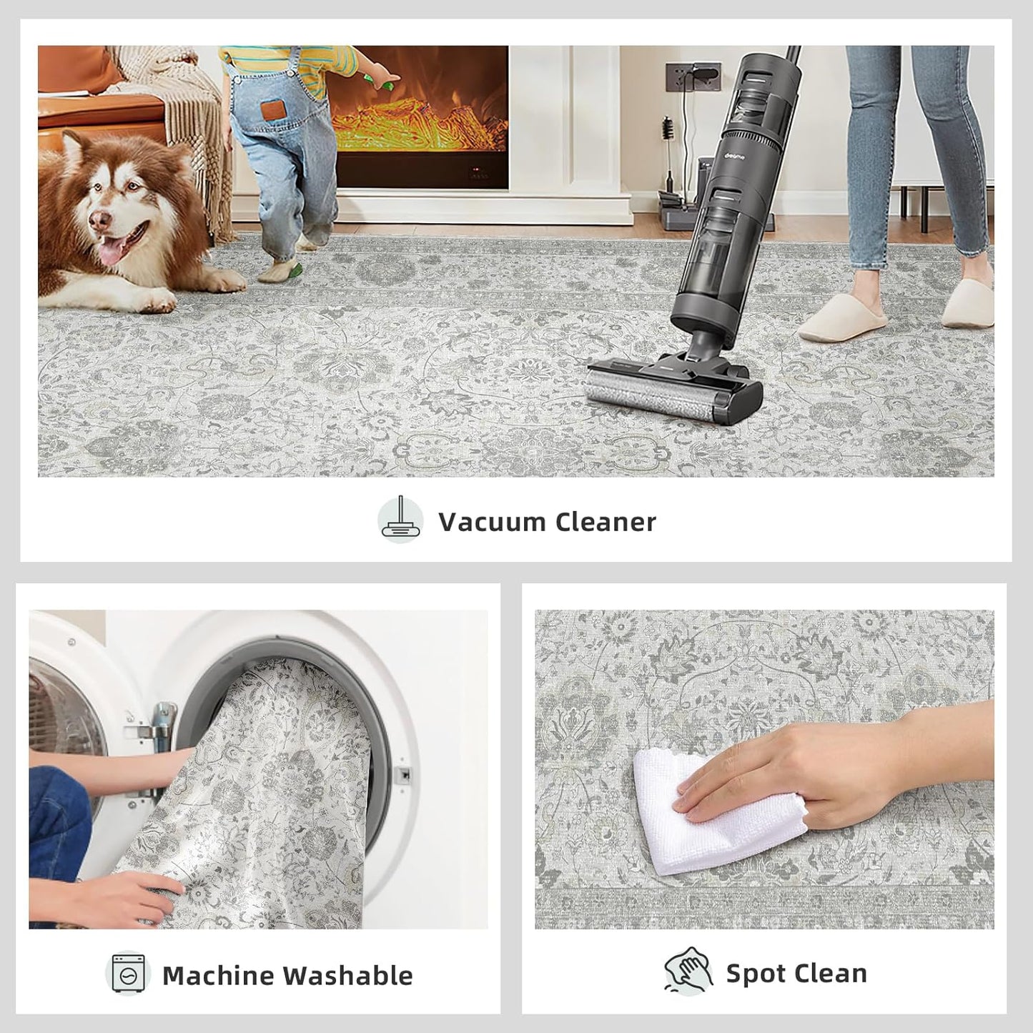 Neutral Area Rugs 8x10 for Living Room Vintage Rug Boho Floral Modern Washable Area Rug with Non-Slip Backing Large Carpet for Bedroom Dining Room Light Grey