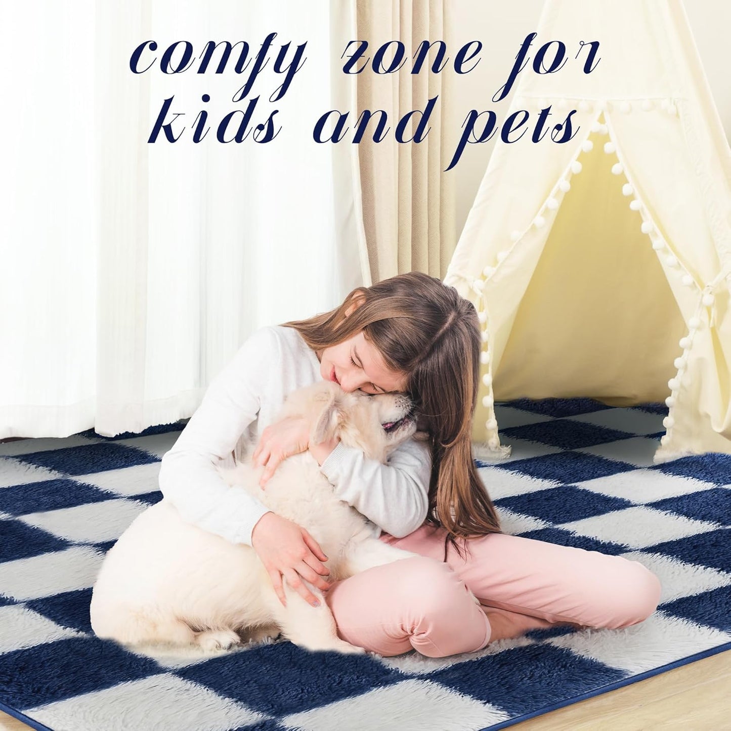 Super Soft Rug for Bedroom, 5x7 ft Blue and White Area Rug Classic Checkered Shaggy Anti-Skid High Pile Soft Fluffy Rug Fuzzy Carpet for Living Room Bedroom Kids Room Nursery, Dorm