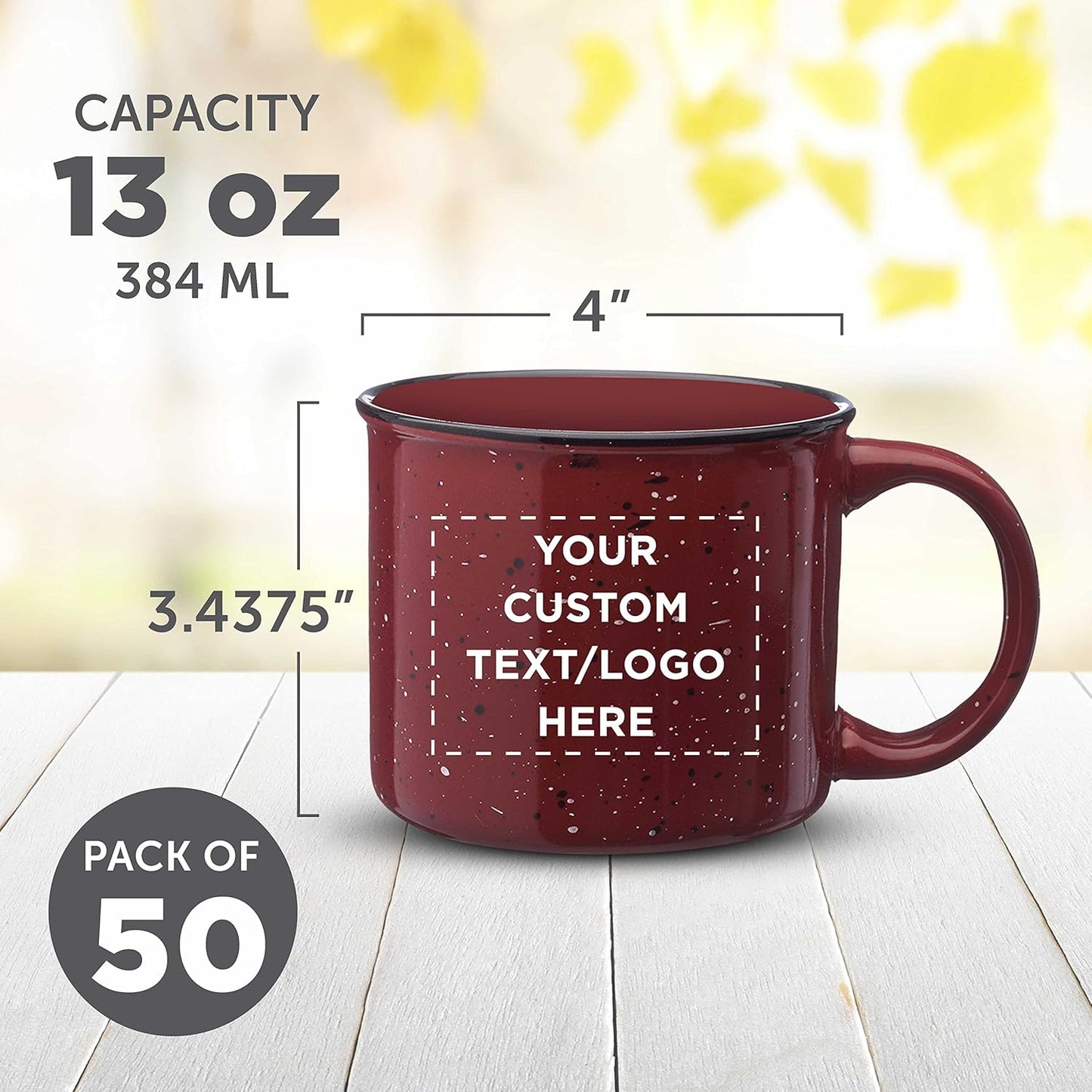 DISCOUNT PROMOS Custom Ceramic Campfire Coffee Mugs 13 oz. Set of 50, Personalized Bulk Pack - Perfect for Tea, Espresso, Cappuccino, Hot Cocoa - Maroon