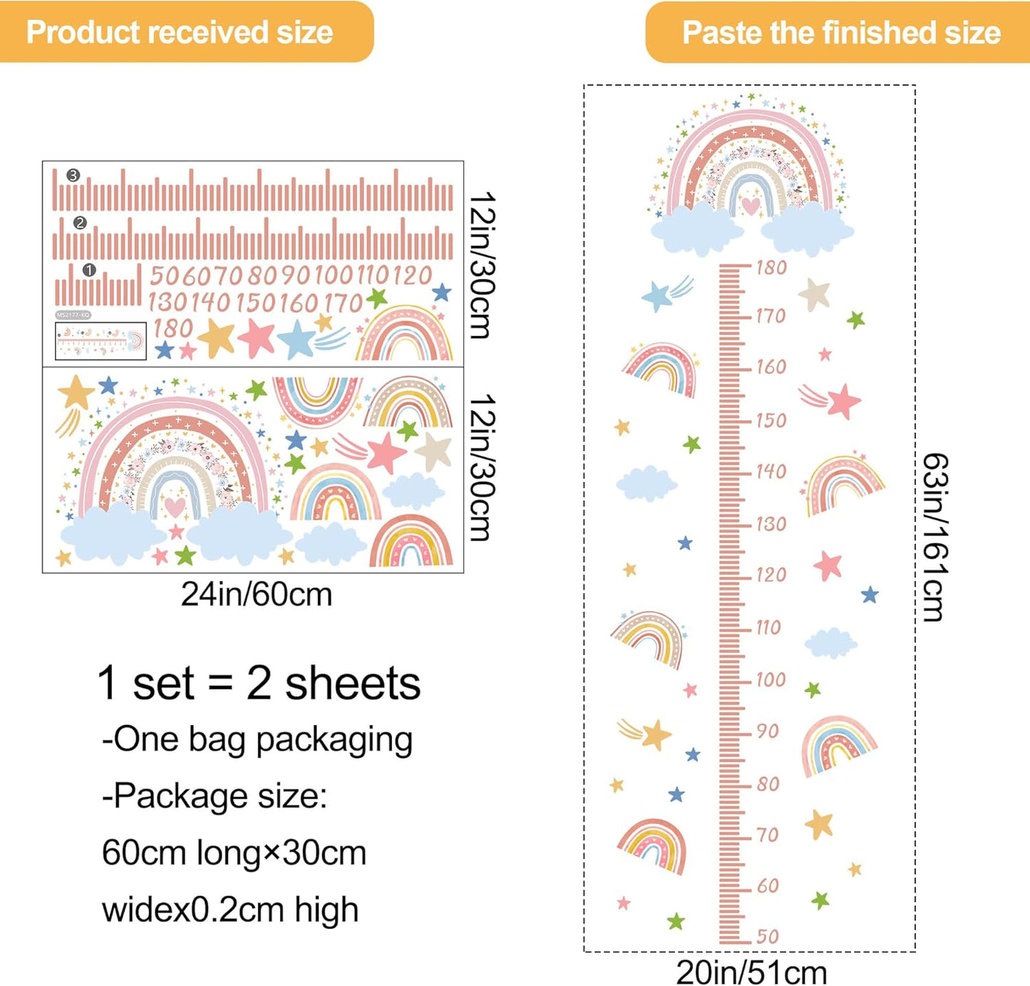 3D Cartoon Height Growth Chart for Kids - Removable DIY Pink Rainbow Wall Decal Peel and Stick Stars and White Clouds Wall Art Decor for Kids Nursery, Bedroom, Bathroom