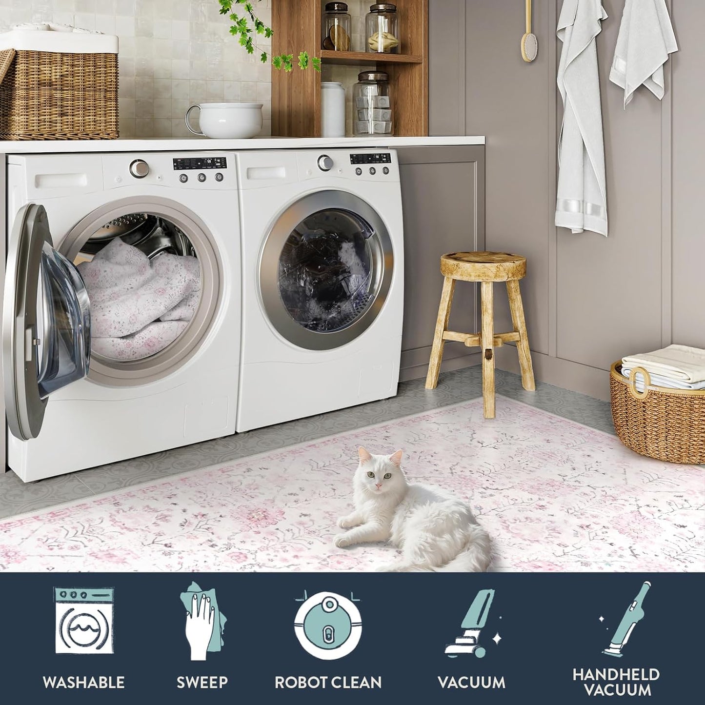 Lahome Washable Rugs 8x10, Soft Nursery Area Rug for Girls and Kids, Low Pile Boho Purple Carpet for Snug Bedroom Kids Room Classroom, Spill-Proof Non Slip Floral Fresh Simple Carpets for Living Room