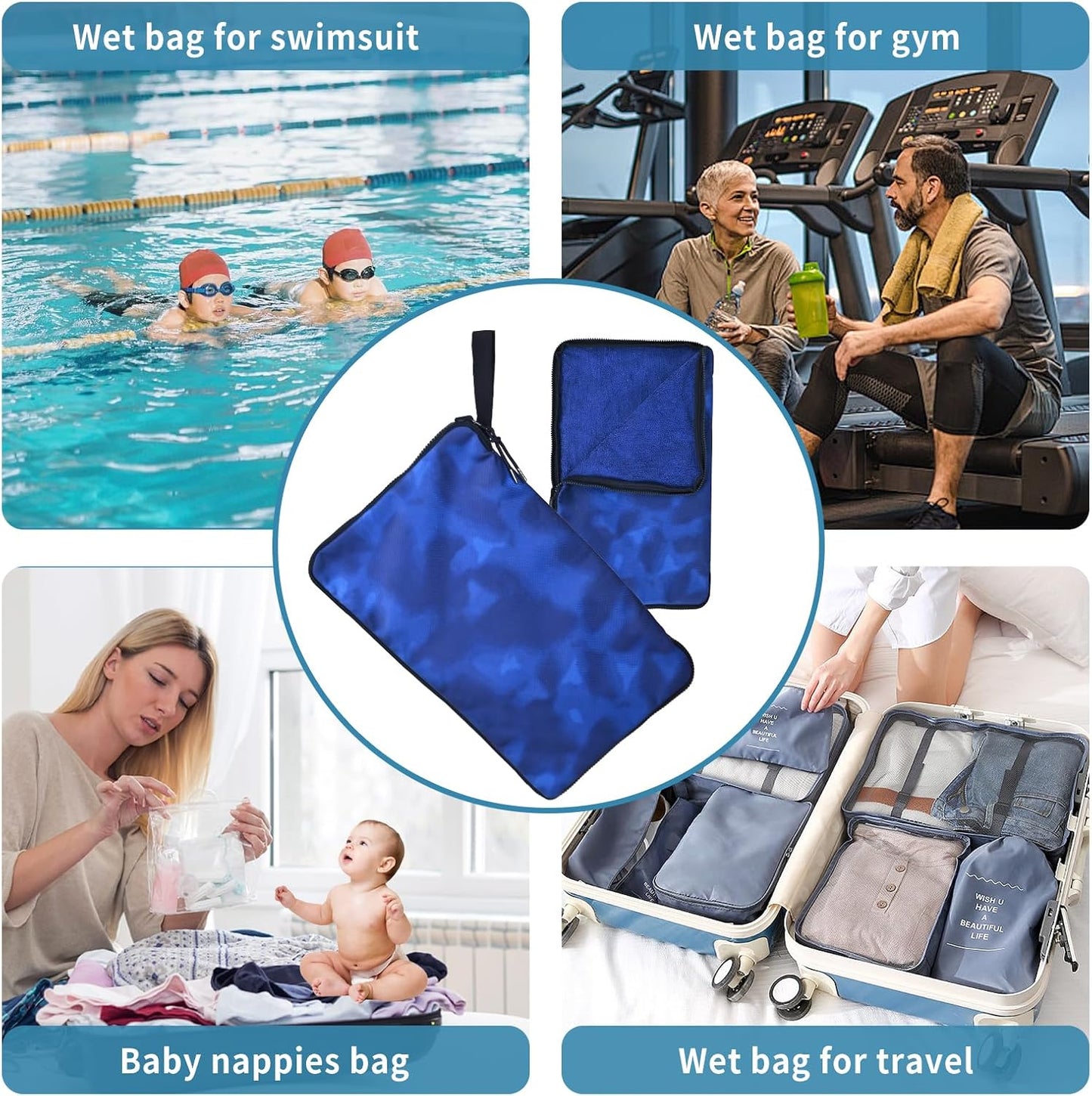 Wet Bag, Wet Dry Bag, Wet bag for swimsuit,Travel, Beach, Pool, Diapers, Dirty Yoga Gym Clothes, Waterproof Embedded Towel Wet Bag(Fleece)-Leakproof Wet Clothes Bag, Beach Travel Essentials