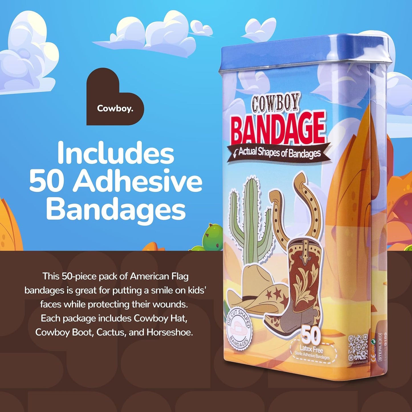 BioSwiss Bandages, Cowboy Shaped Self Adhesive Bandage, Latex Free Wound Care, Fun First Aid Kit Supplies for Kids and Adults, 50 Count
