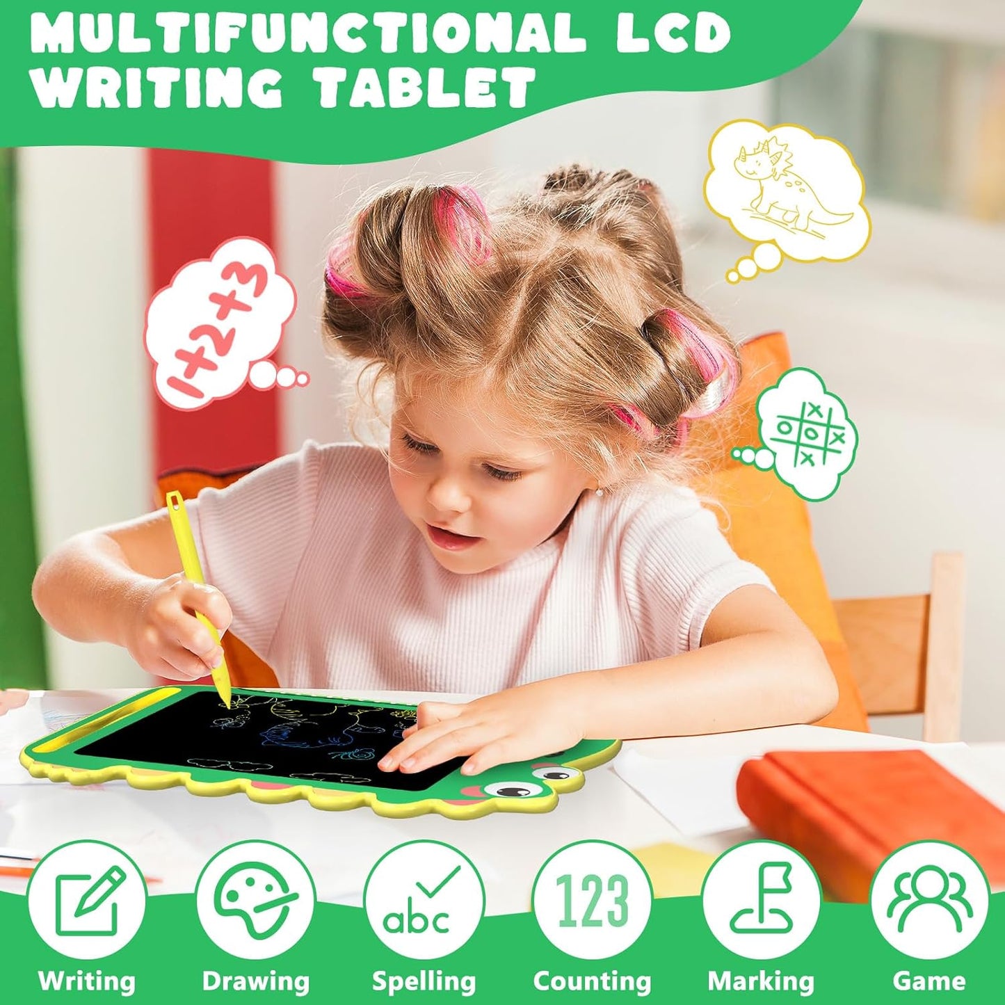 BKM LCD Writing Tablet for Kids, Educational Toddler Toys, Colorful Doodle Board Drawing Tablet with Screen Lock & Erase Button, Dinosaur Toys for Ages 3-8, Birthday Gifts for Boys Girls,8.5 inch