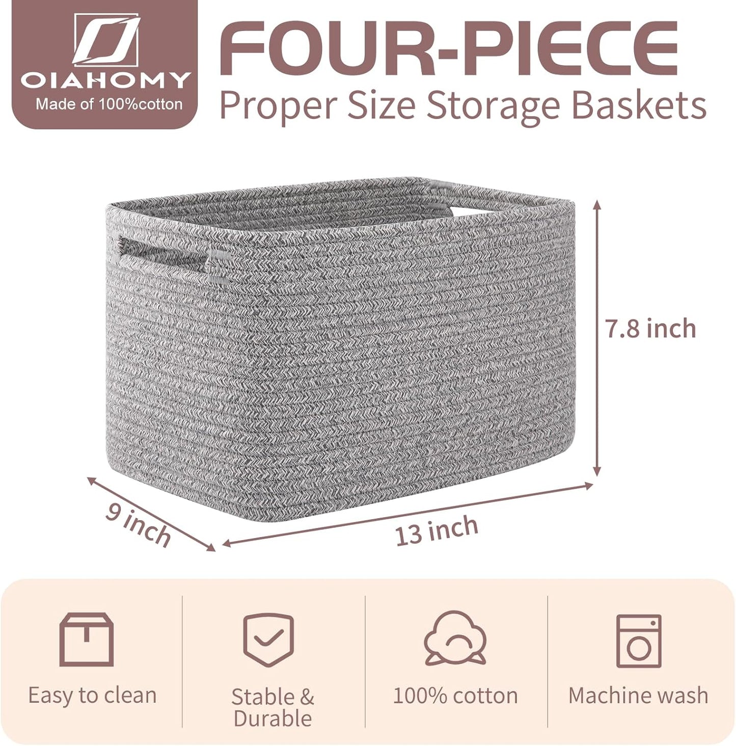 OIAHOMY 4 Pack Storage Baskets for Organizing, Cube Storage Bins for Shelves, Rectangle Storage Baskets With Handles, Woven Baskets for Storage, 12.7''Lx9''Wx7.8''H, Grey
