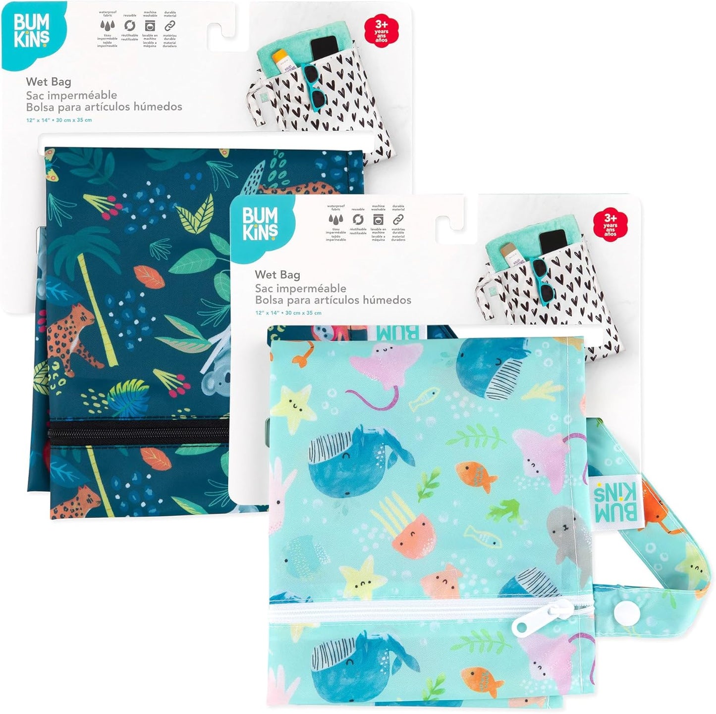 Bumkins - Waterproof Wet Bag - For Baby, Travel, Swim Suit, Cloth Diapers, Pump Parts, Pool, Gym, Toiletry, Strap to Stroller - Reusable & Easy to Clean - 2pk - Ocean & Jungle