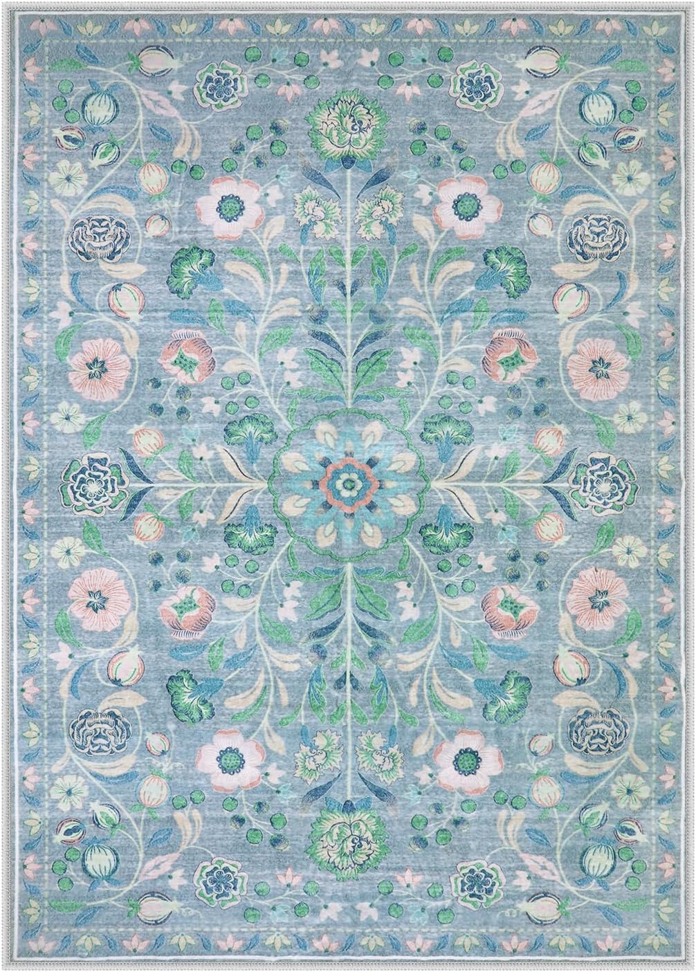 Anidaroel Floral Washable Rugs for Bedroom, 5x7 Boho Area Rugs for Living Room Vintage Distressed Soft Rug, Stain Resistant Non-Slip Throw Rugs Nursery Rugs for Kids Room Dining Room, Blue/Multi