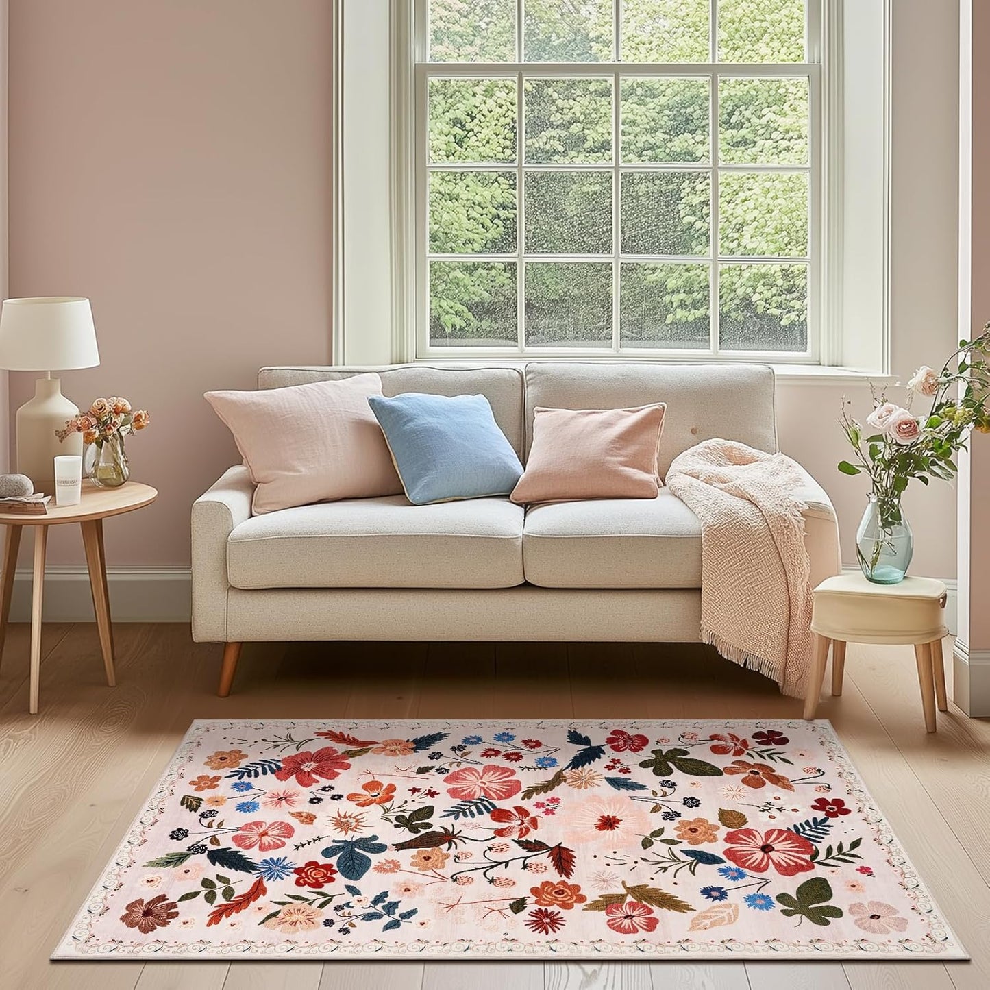 Beige 3x5 Area Rugs for Bedside Machine Washable Boho Floral Small Carpet Rugs Soft Non-Slip Low Pile Faux Fur Cream Farmhouse Aesthetic Rug for Living Room Entrance Bedroom Patio Office