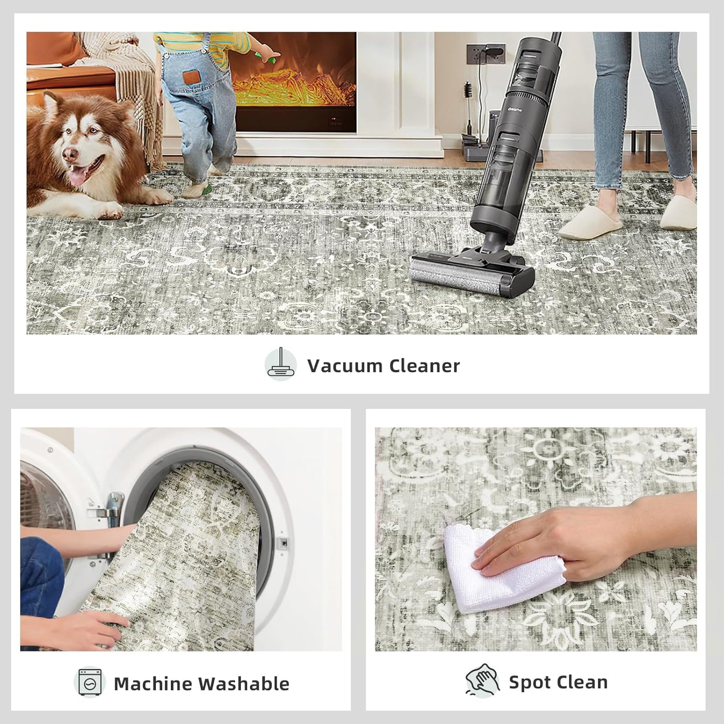 Deerly Washable Rug 5x7 Area Rugs for Living Room, Non Slip Large Rug for Bedroom Dining Room, Low-Pile Kid & Pet Friendly Distressed Carpet Print Floor(Cream)