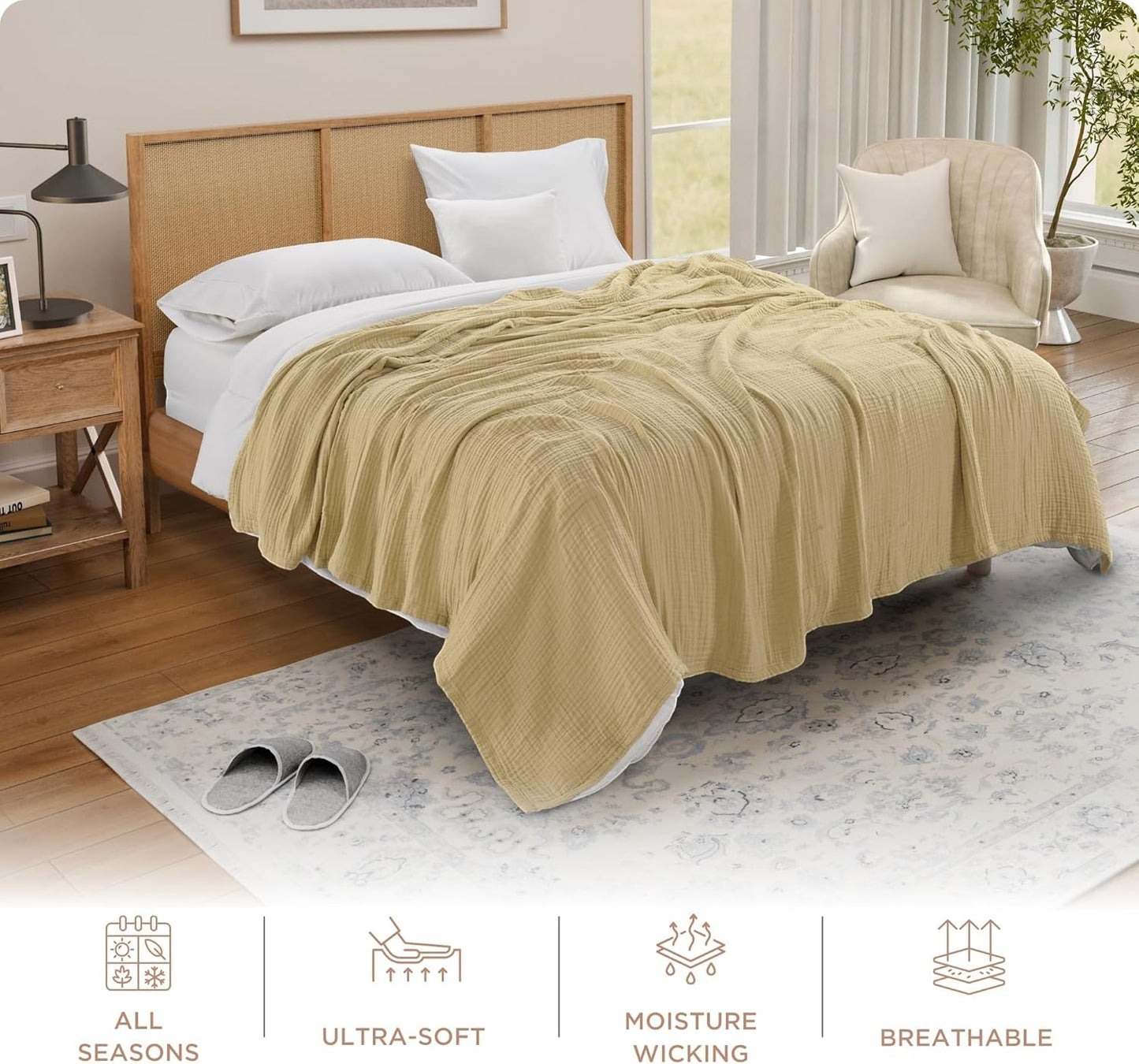 Threadmill King Size Blanket | 4 Layer 100% Cotton Gauze | Lightweight, Breathable, and Cozy Summer |Muslin Blanket for Couch, Bed| Beige
