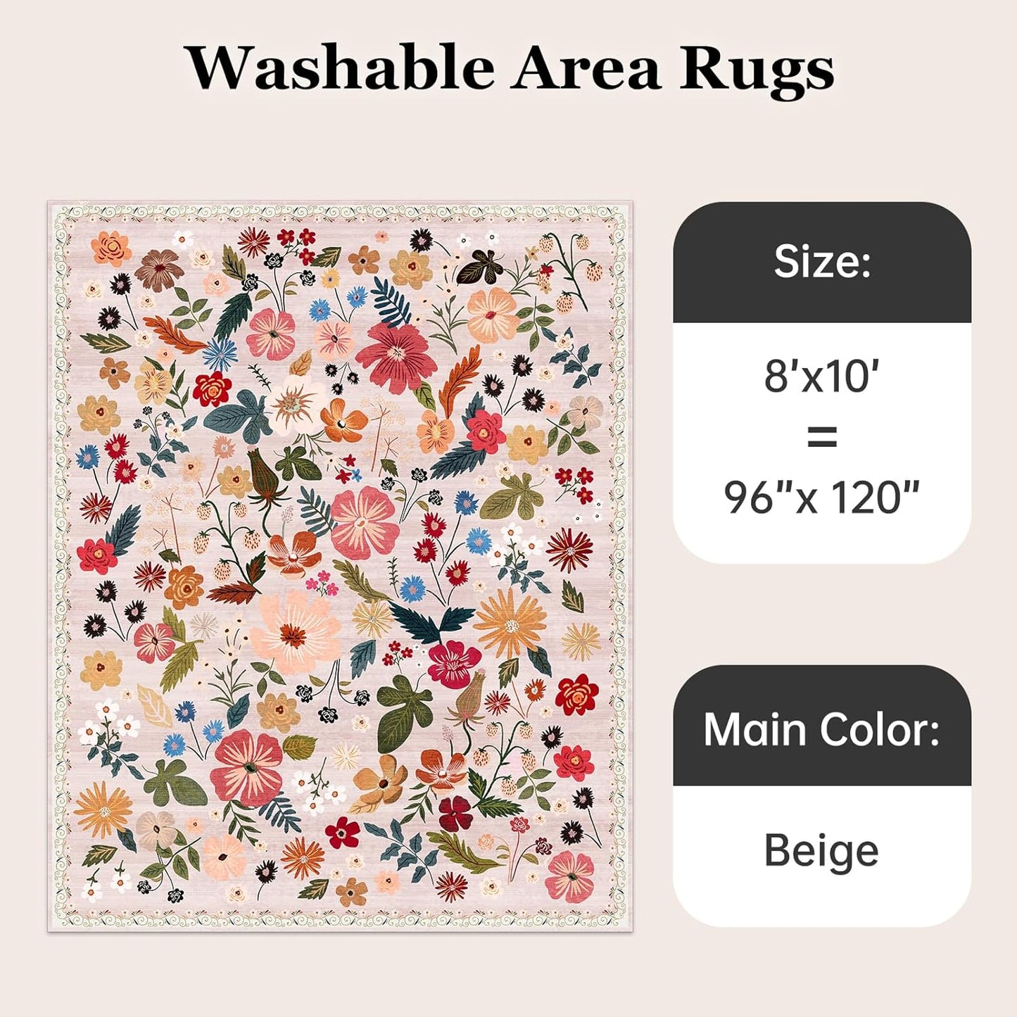Beige Pink 8x10 Area Rugs for Living Room Boho Vintage Floral Washable Large Rug Low Pile Non Slip Stain Resistant Cottagecore Carpet Rug for Bedroom Dining Room Kids Playroom Dorm Spring Decor