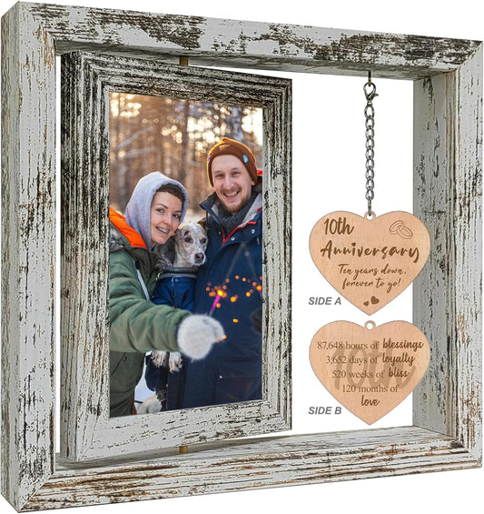 10 Year Anniversary Rotating Picture Frame for Wife, 10th Wedding Anniversary Photo Frame Gifts for Her Him Couples with 2 4x6 Display
