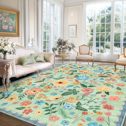 8x10 Area Rugs for Living Room Sage Green Washable Low Pile Non Slip Stain Resistant Large Rugs Boho Vintage Floral for Bedroom Dining Room Family Room Nursery Dorm Spring Home Decor