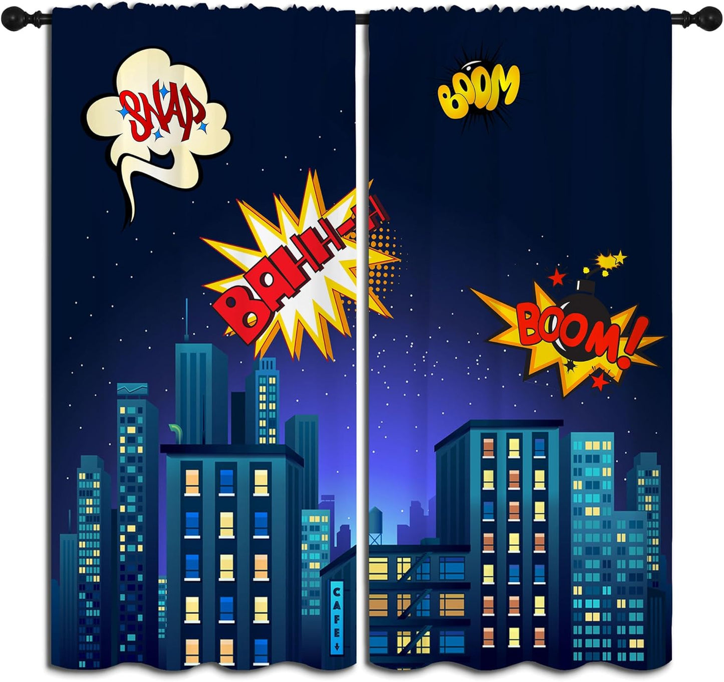 Superhero Rod Pocket Blackout Curtains for Boy Girl Bedroom, Cartoon Skyline Buildings Cityscape Thermal Insulated Home Window Drapes for Living Room Darkening, 42x45 inch