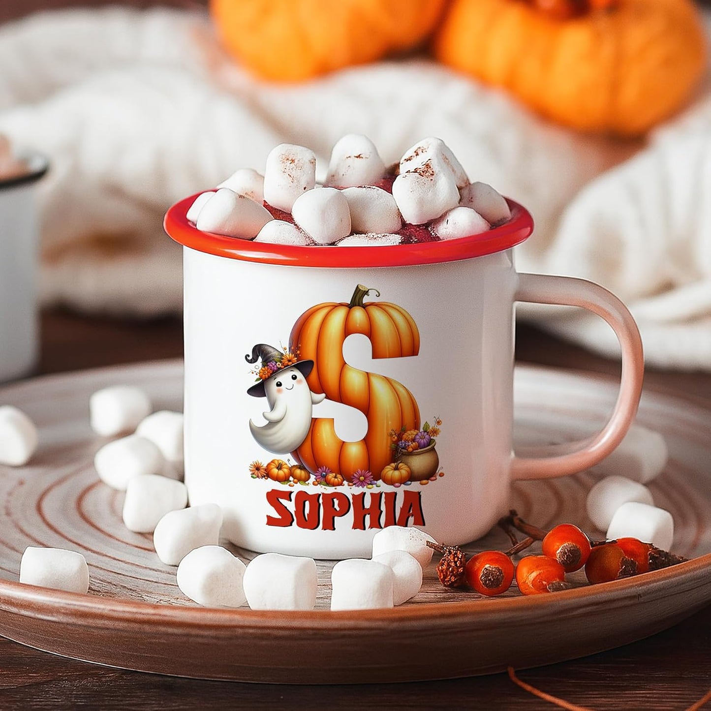 Personalized Halloween Enamel Mug with Ghost Pumpkin Initial, 12oz Custom Name on Ghost Coffee Mugs, Halloween Party Gift for Family