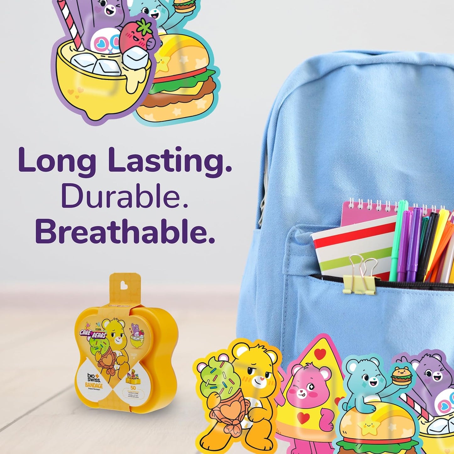 BioSwiss Care Bears Bandages, Sweet and Sour Care Bear Shaped Self Adhesive Bandage, Latex Free Sterile Wound Care, Fun First Aid Kit Supplies for Kids, 50 Count