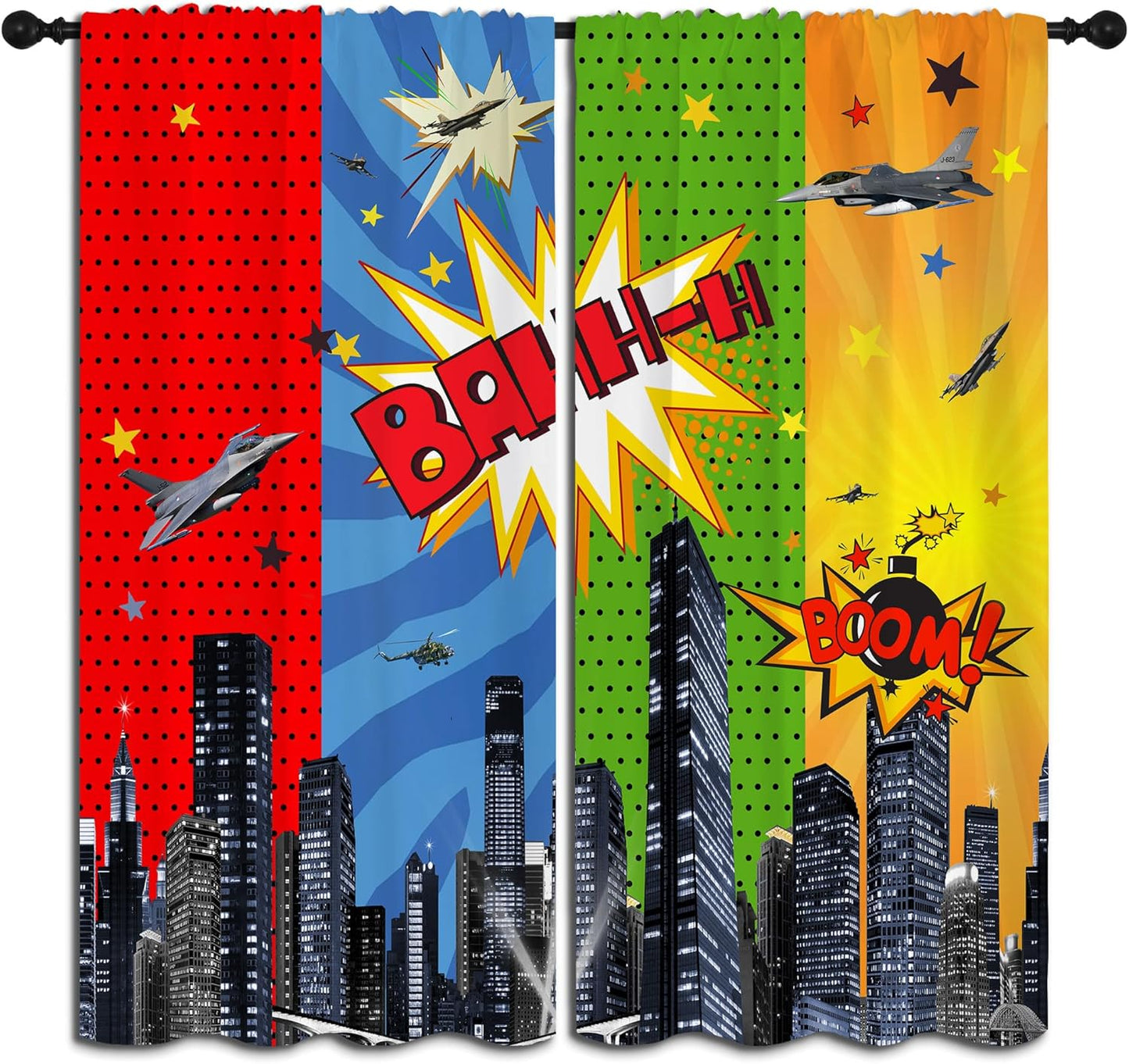 Superhero Rod Pocket Blackout Curtains for Boy Girl Bedroom, City War Explosion Comics Art Home Energy Efficient Light Filtering Window Curtain for Living Room, 84x63 inch