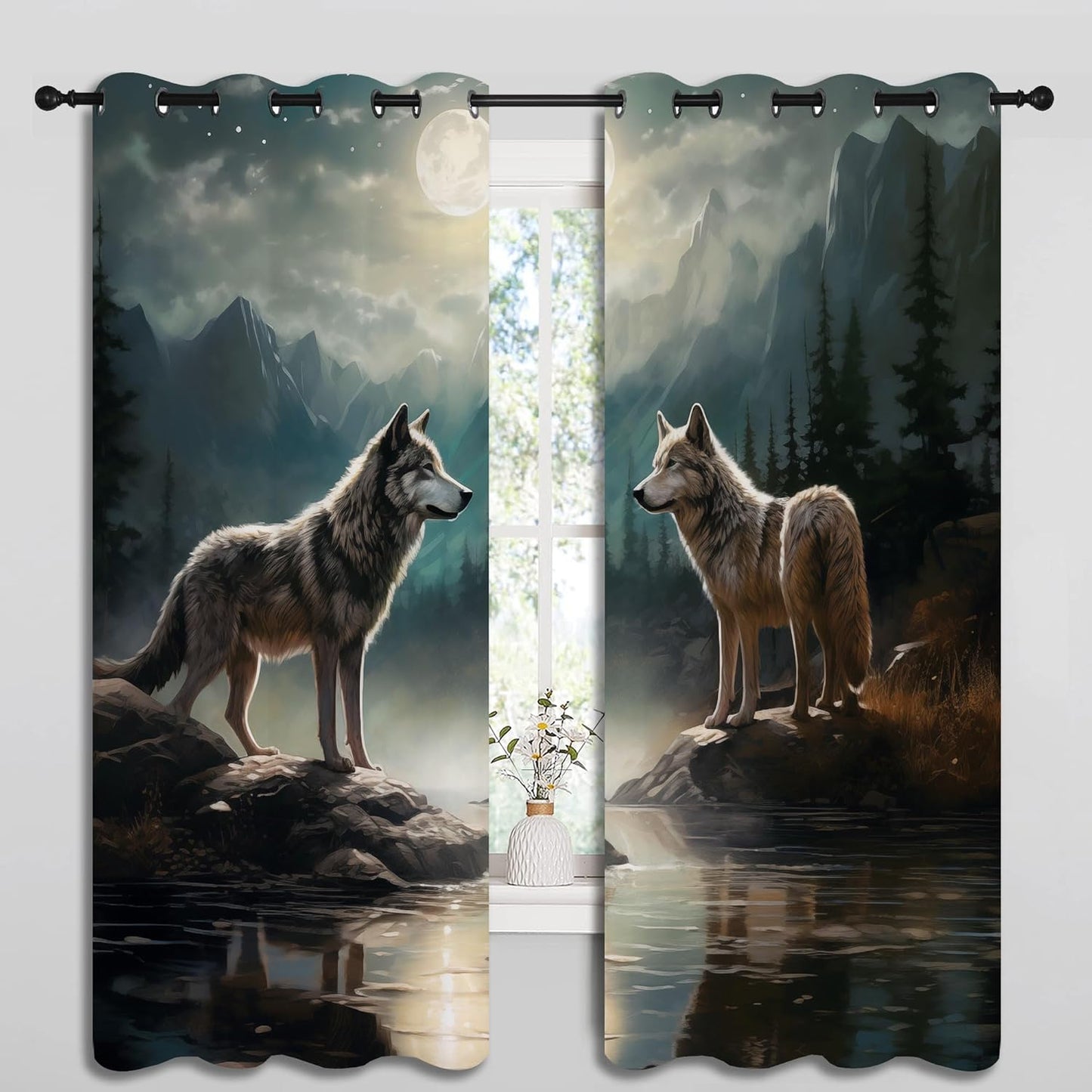 Wolf Blackout Curtains for Boys Girl Bedroom Decor,Moon Mountain Pine Forest Wild Animals Thermal Insulated Grommet Drapes Darkening Window Curtain for Living Room Home 55x63 inch