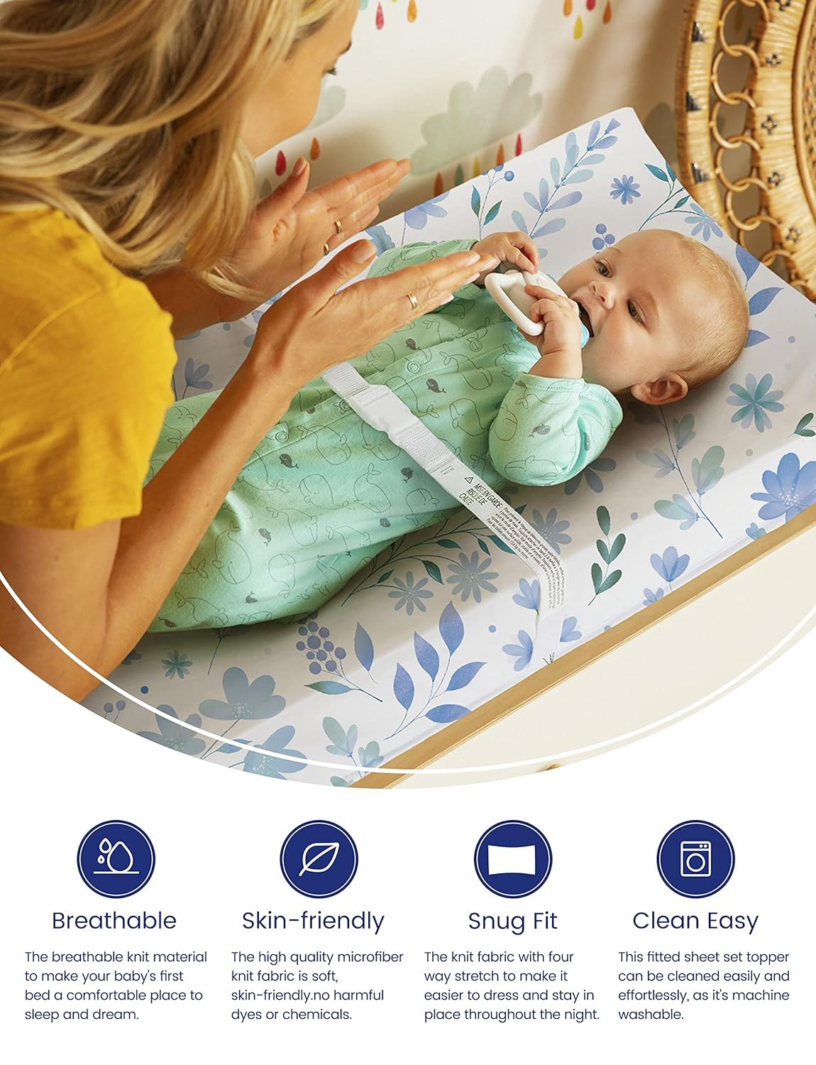 TotAha Premium Stretchy Changing Pad Covers (2-Pack)-Hypoallergenic, Silky Comfort, Buttery Soft, Calming Effect, All-Season Jersey-Knit 32 X 16 X 5''(Blue Flower & Small Floral)