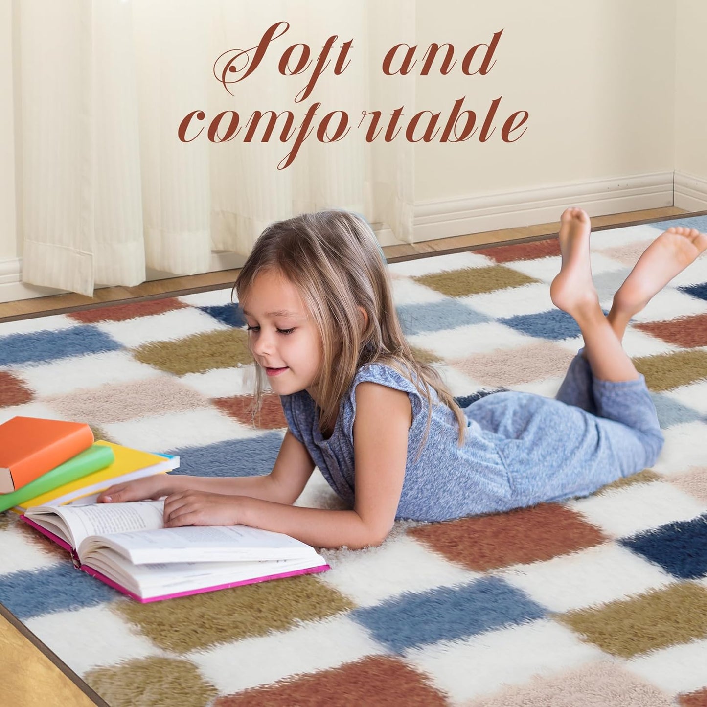 Super Soft Rug for Bedroom, 4x6 Ft Rainbow Area Rug Classic Checkered Shaggy Rug Anti-Skid High Pile Soft Fluffy Fuzzy Carpet for Living Room Bedroom Kids Room Nursery, Dorm Home Decor