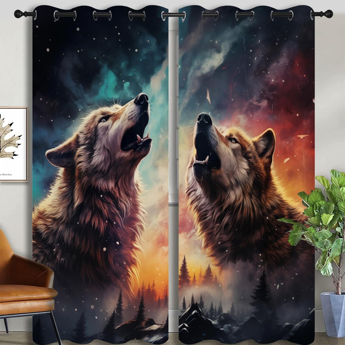 Fantasy Wolf Blackout Curtains for Boys Girl Bedroom Decor,Colorful Galaxy Misty Forest Wildlife Thermal Insulated Grommet Drapes Darkening Window Curtain for Living Room Home 84x63 inch