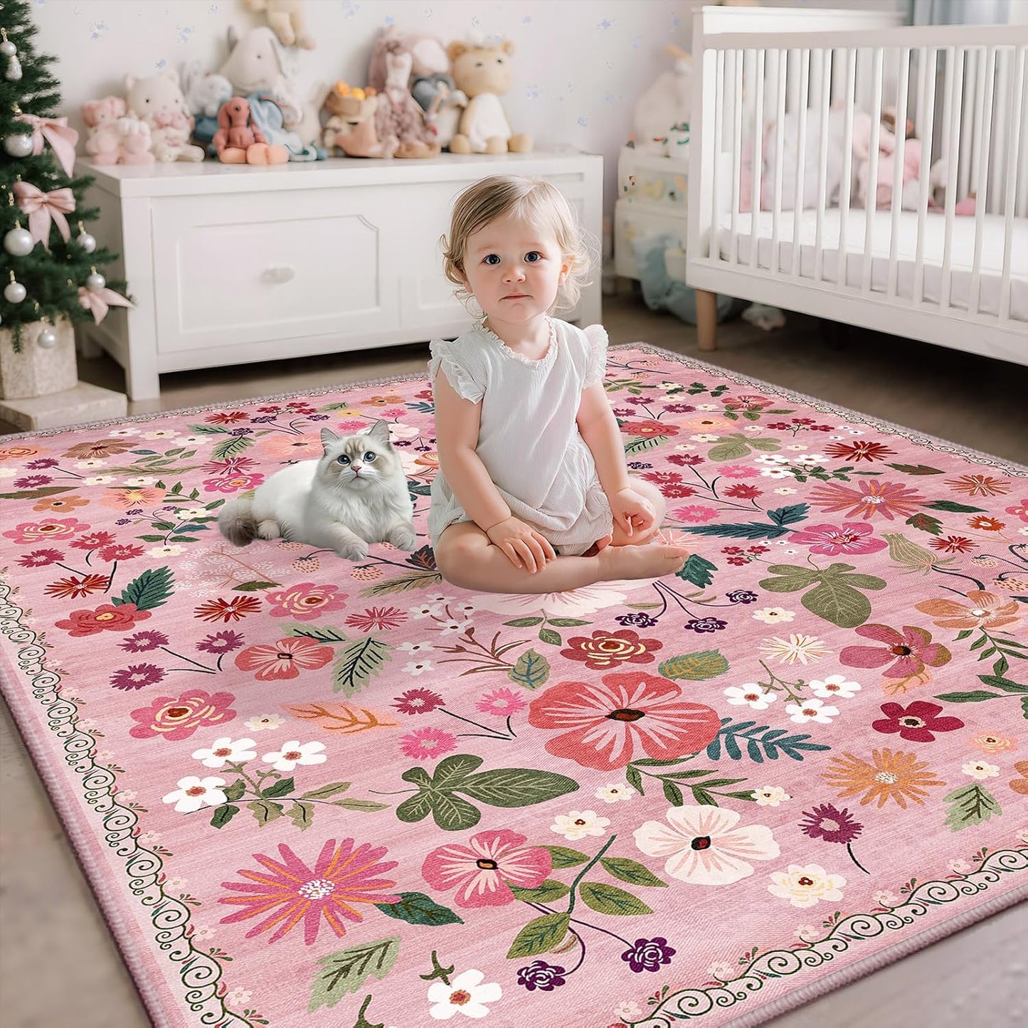 Pink Rugs for Bedroom Girls Machine Washable Area Rugs 3x5 Non Slip Low Pile Boho Floral Small Carpet for Nursery Living Room Bedroom Entryway Kids Playroom Office College Dorm Home Decor