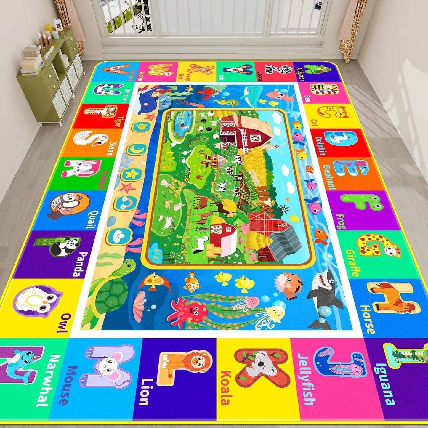 Kids Rug for Playroom, Kids Baby Playmat with Farm Sea Animal, Alphabet ABC Educational Rug, Floor Play Mat Carpet for Bedroom Preschool Classroom (110.2X78.7 INCH, Farm)
