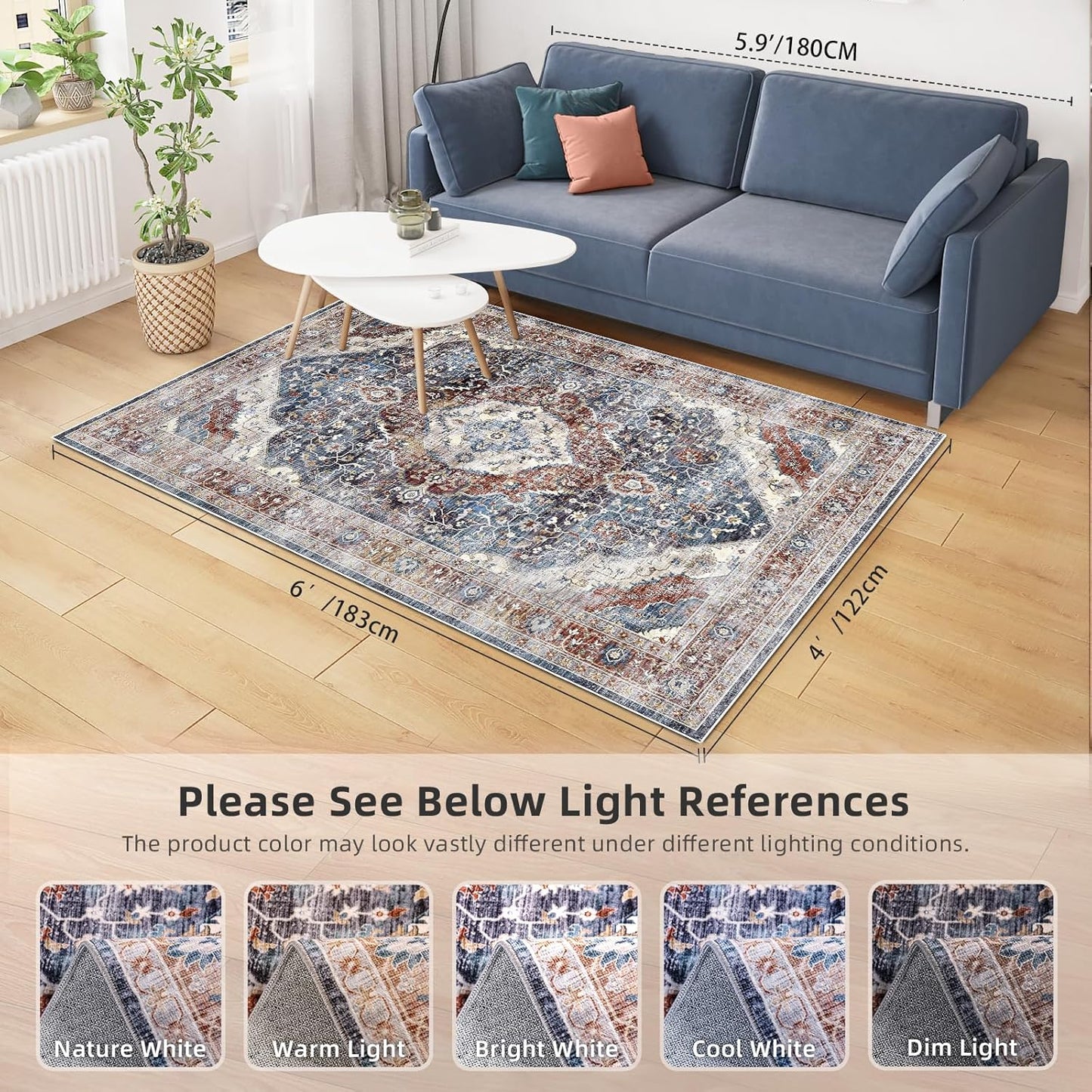 Boho Area Rug 4x6 Bedroom Rugs Ultra Soft Indoor Washable Rugs for Living Room Bedroom Laundry Room Decor, Low Pile Non-Slip Backing(Border Brown/Navy Blue)