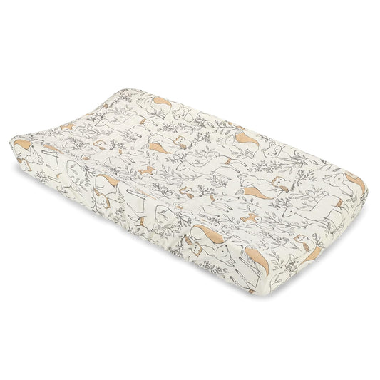 Crane Baby Woodland Quilted Changing Pad Cover, Animal Fox Print, Cotton Sateen, Secure Elastic Fit, Neutral Woodland Animal Nursery Decor for Boys and Girls, Diaper Changing Pad Cover