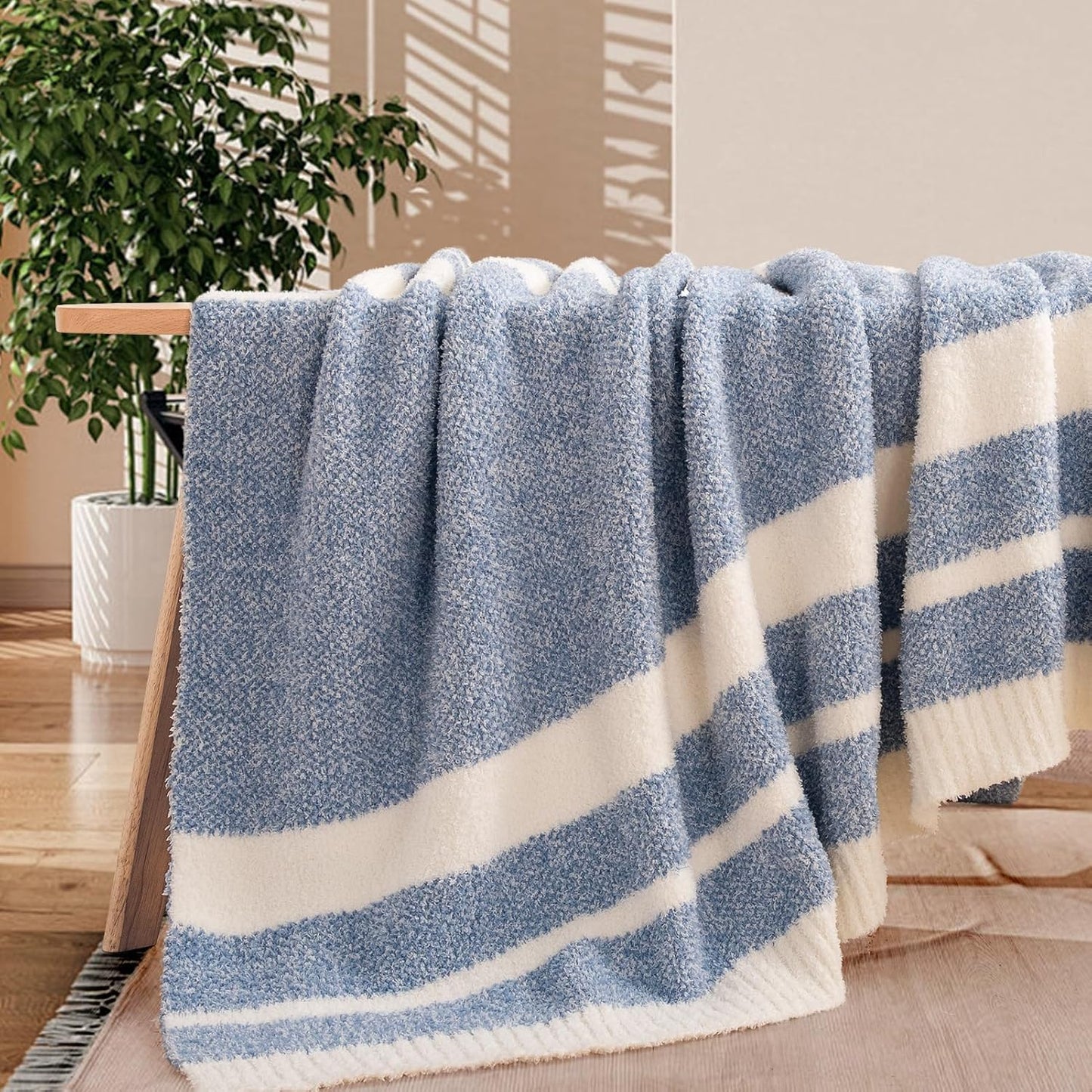 NEXHOME PRO Stripe Cozy Blanket Twin, Knit Fuzzy Throw Blanket for Couch Bed Sofa Picnic, Ultra Soft Blankets for Women Gifts Blue50 x 60 inches