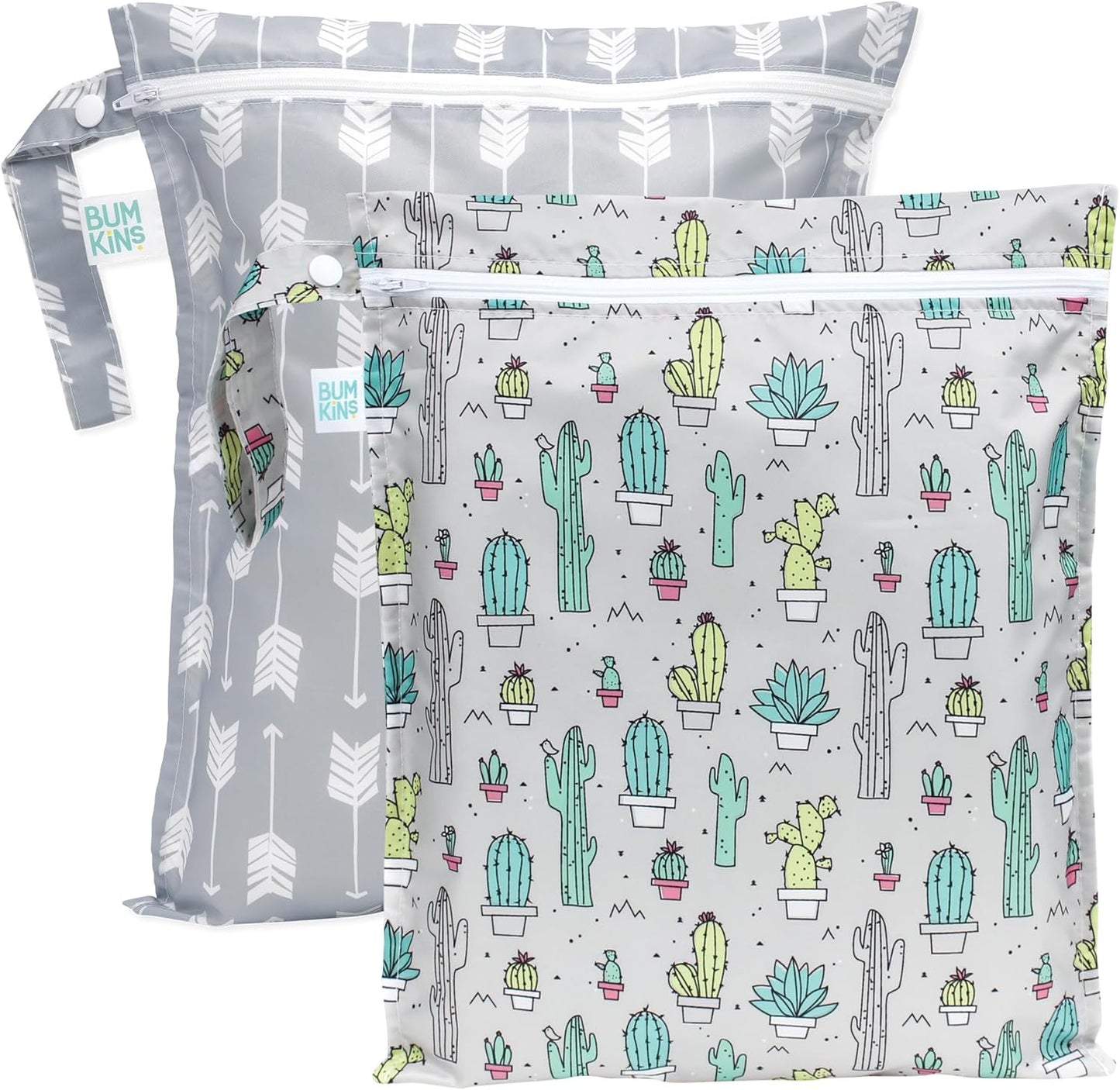 Bumkins - Waterproof Wet Bag - For Baby, Travel, Swim Suit, Cloth Diapers, Pump Parts, Pool, Gym, Toiletry, Strap to Stroller - Reusable & Easy to Clean - 2pk - Cactus & Arrows