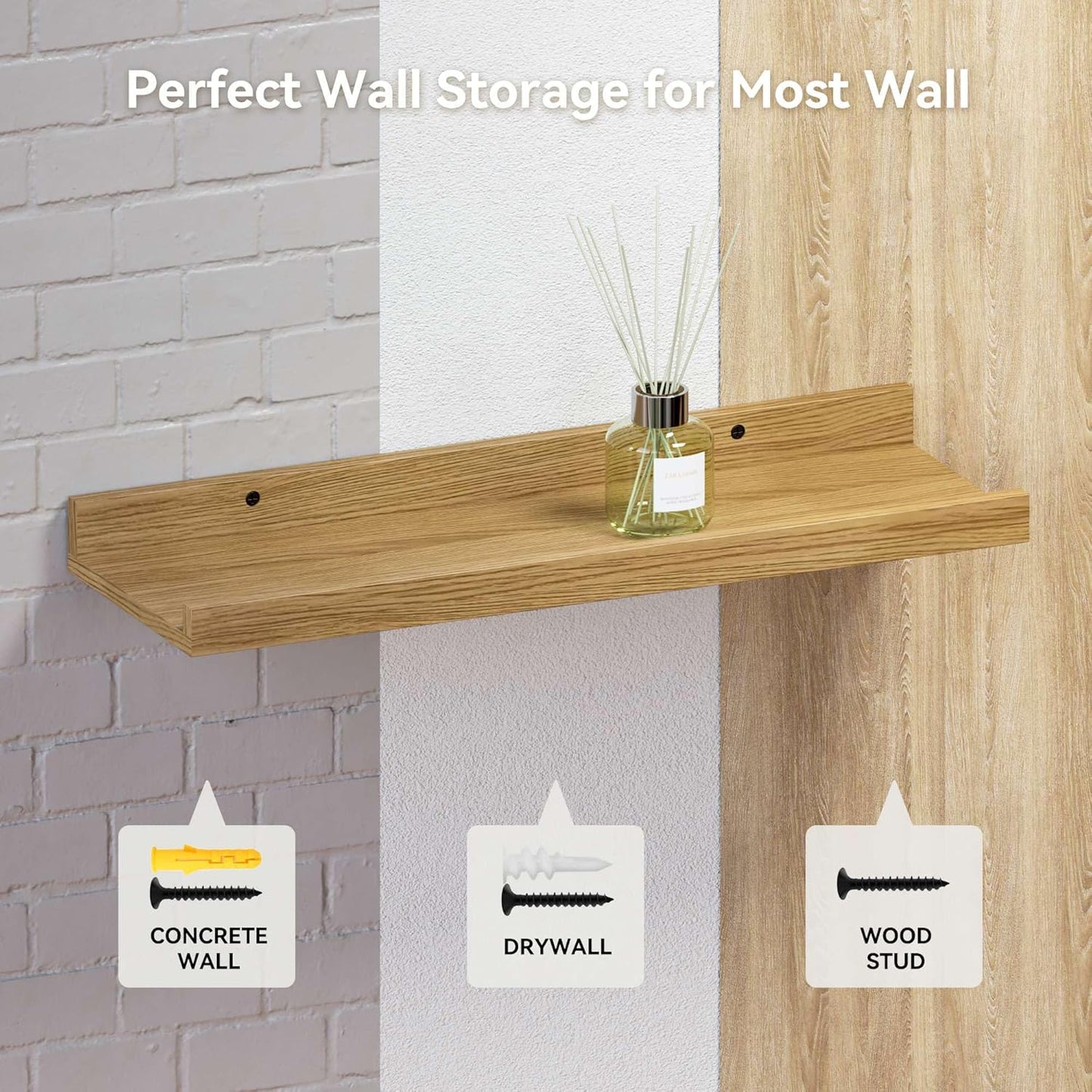 Floating Shelves Wall Mounted Set of 2, Modern Wall Shelves for Storage with Lip, Display Picture Ledge Shelf for Wall Decor Bedroom Living Room Bathroom Kitchen - Oak