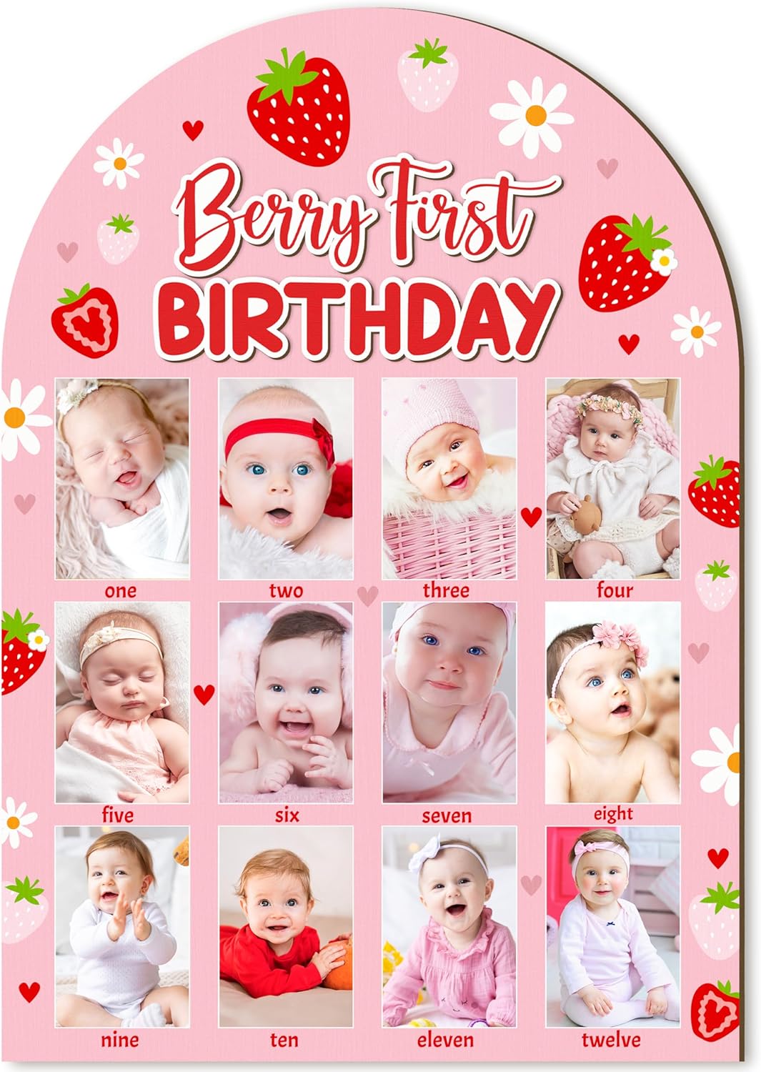 R HORSE 3D Berry First Birthday Wood Photo Display Board, Pink Strawberry Baby's First Year Picture Frame, 1-12 Months Milestone Board Birthday Decorations Keepsake Gift for Baby Girls Nursery Decor
